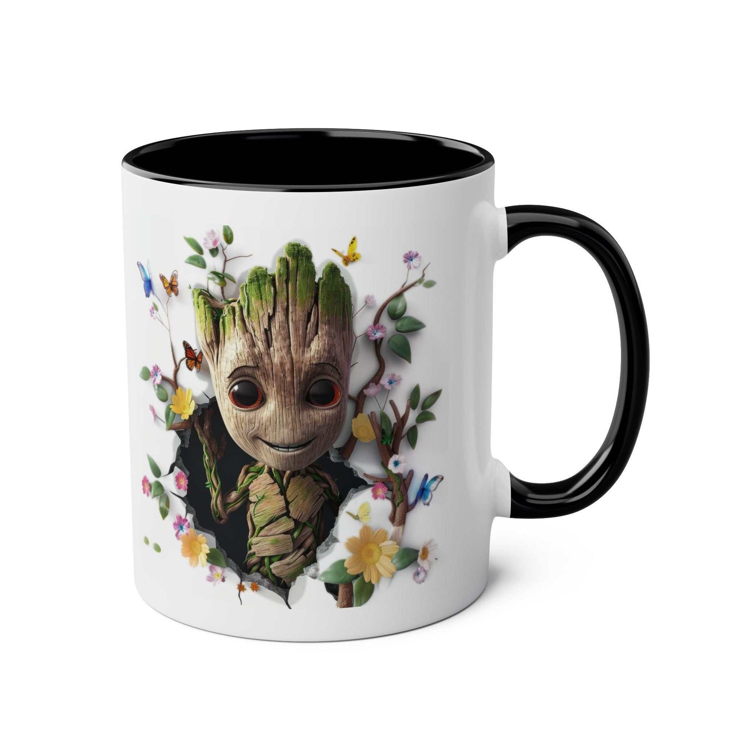 Baby Groot themed mug with floral design and glossy finish.