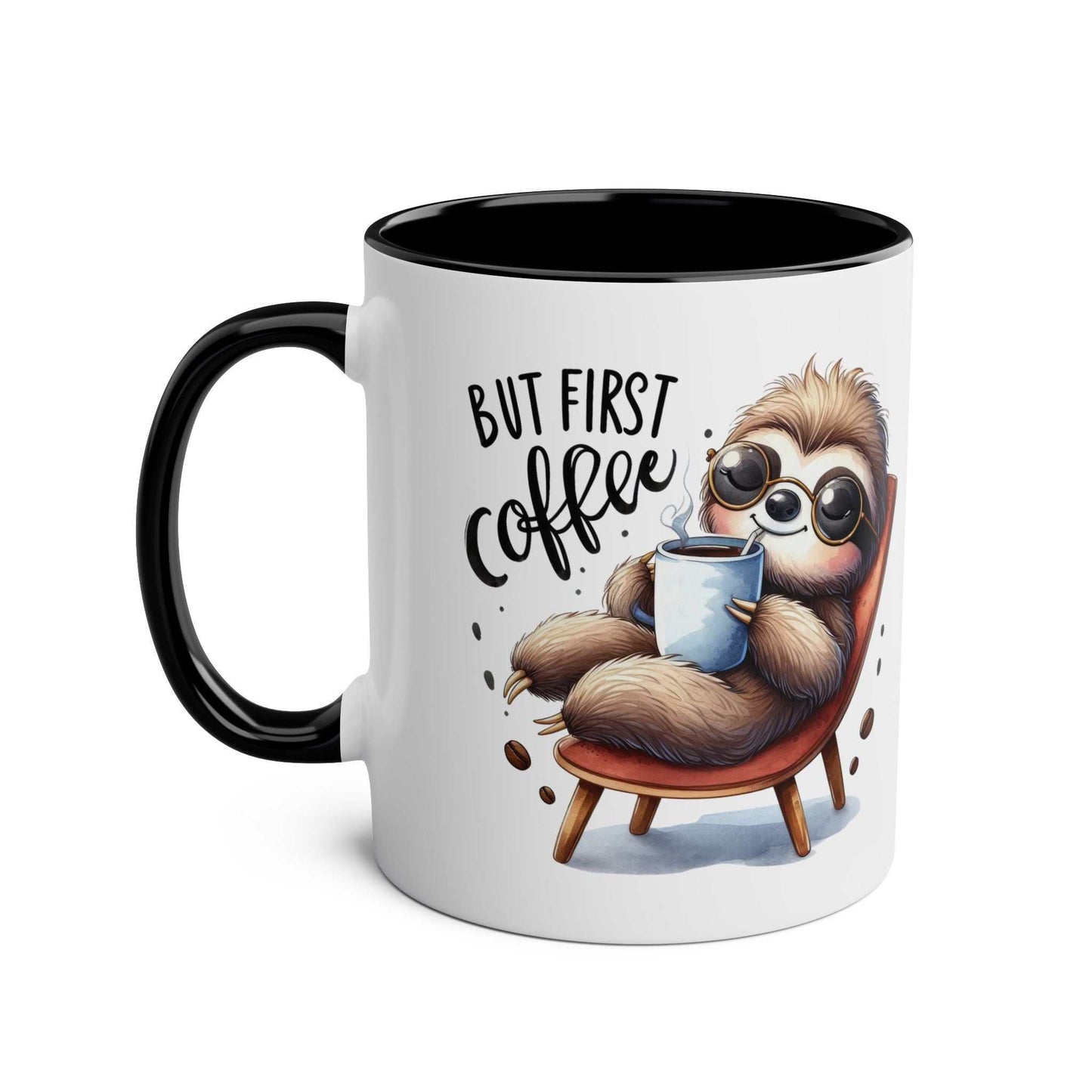 Cute sloth coffee mug with "But First Coffee" design, featuring a whimsical sloth illustration, perfect for animal lovers.