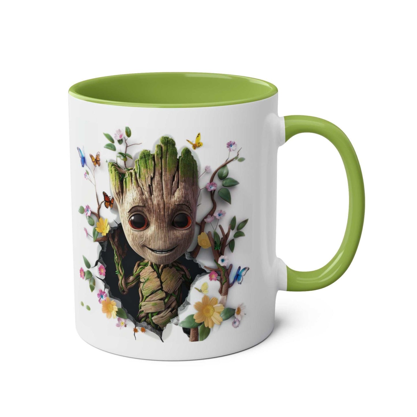 Baby Groot themed mug with colorful design, glossy finish, and green interior.