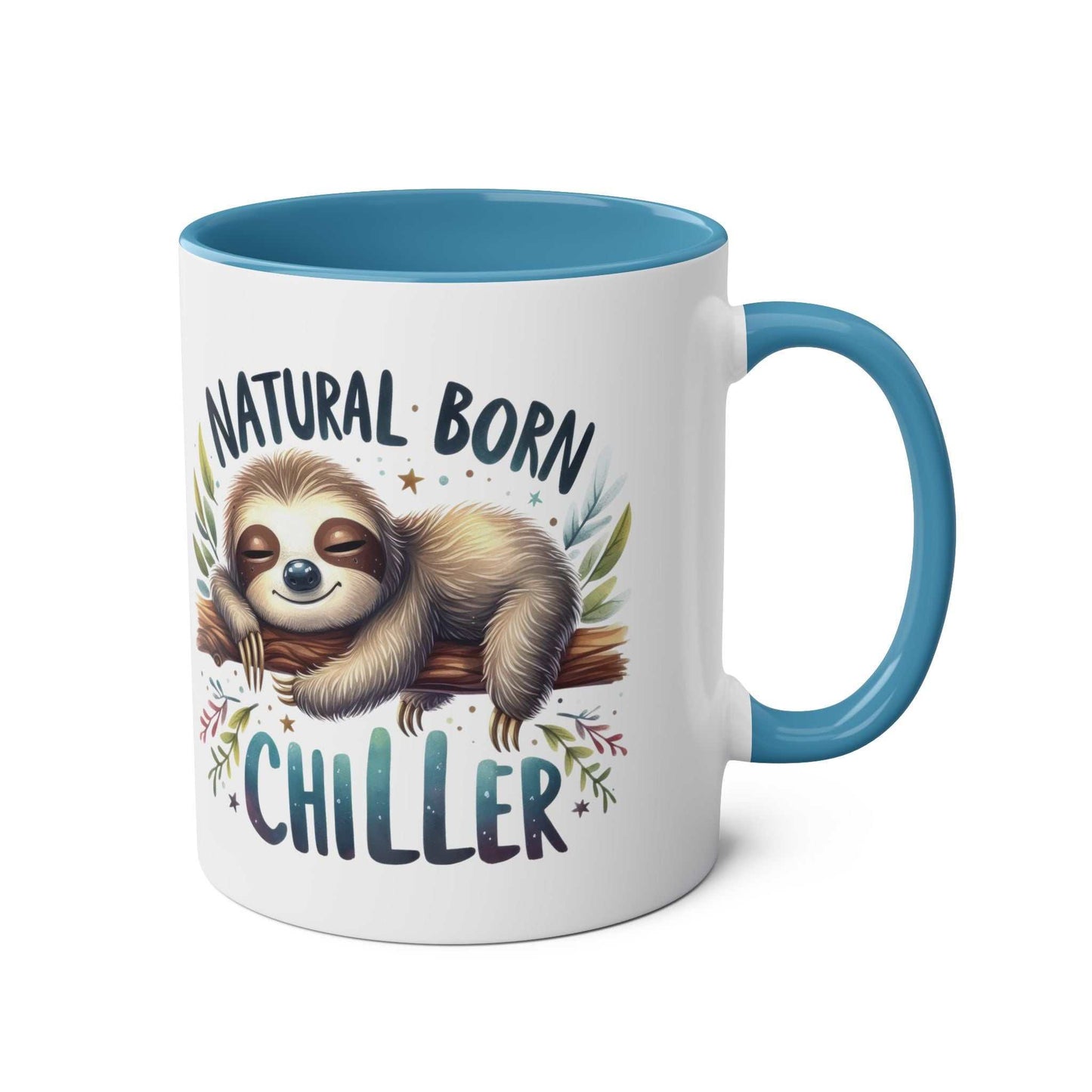 Cute sloth coffee mug with "Natural Born Chiller" design, teal interior and handle.