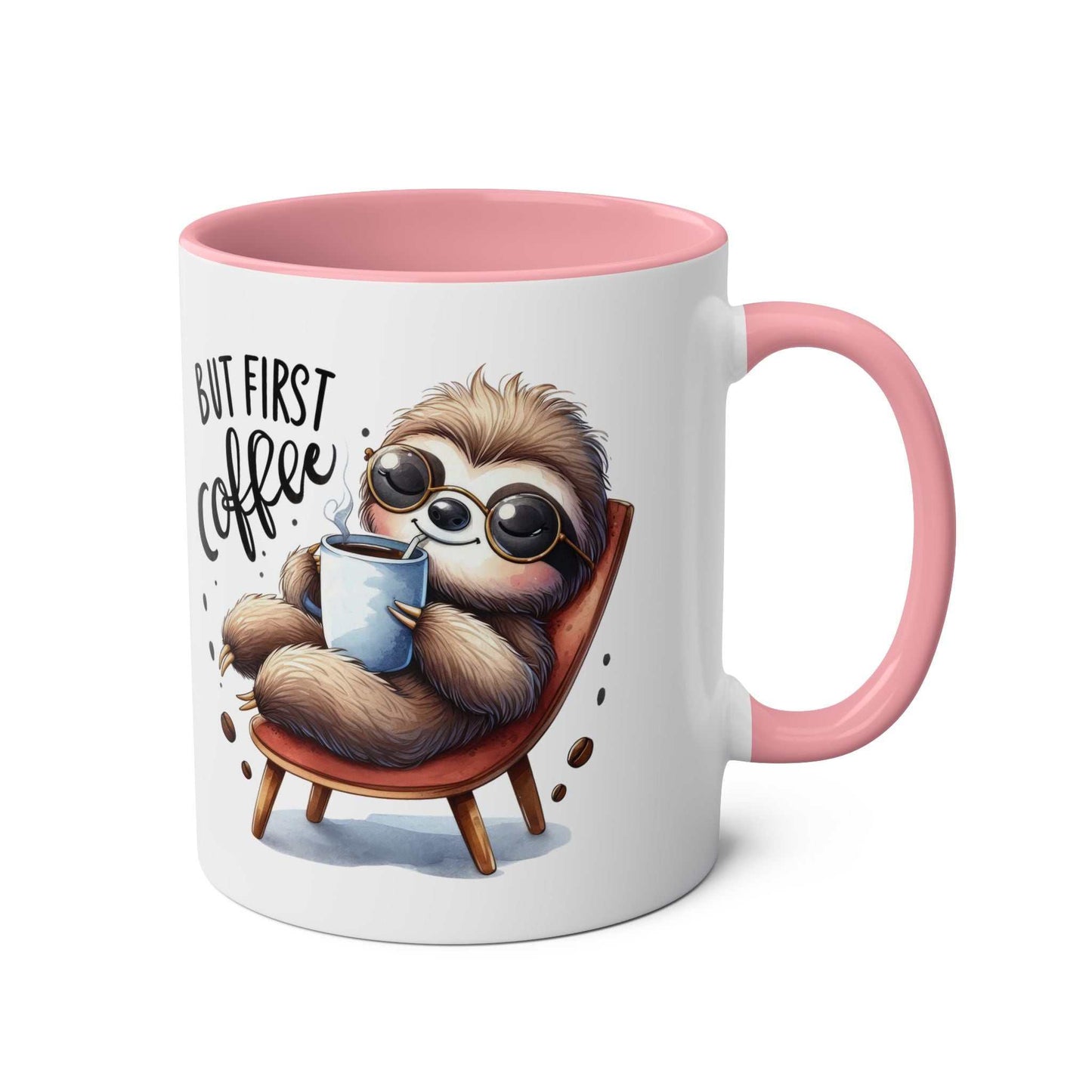 cute sloth coffee mug with illustration and pink handle