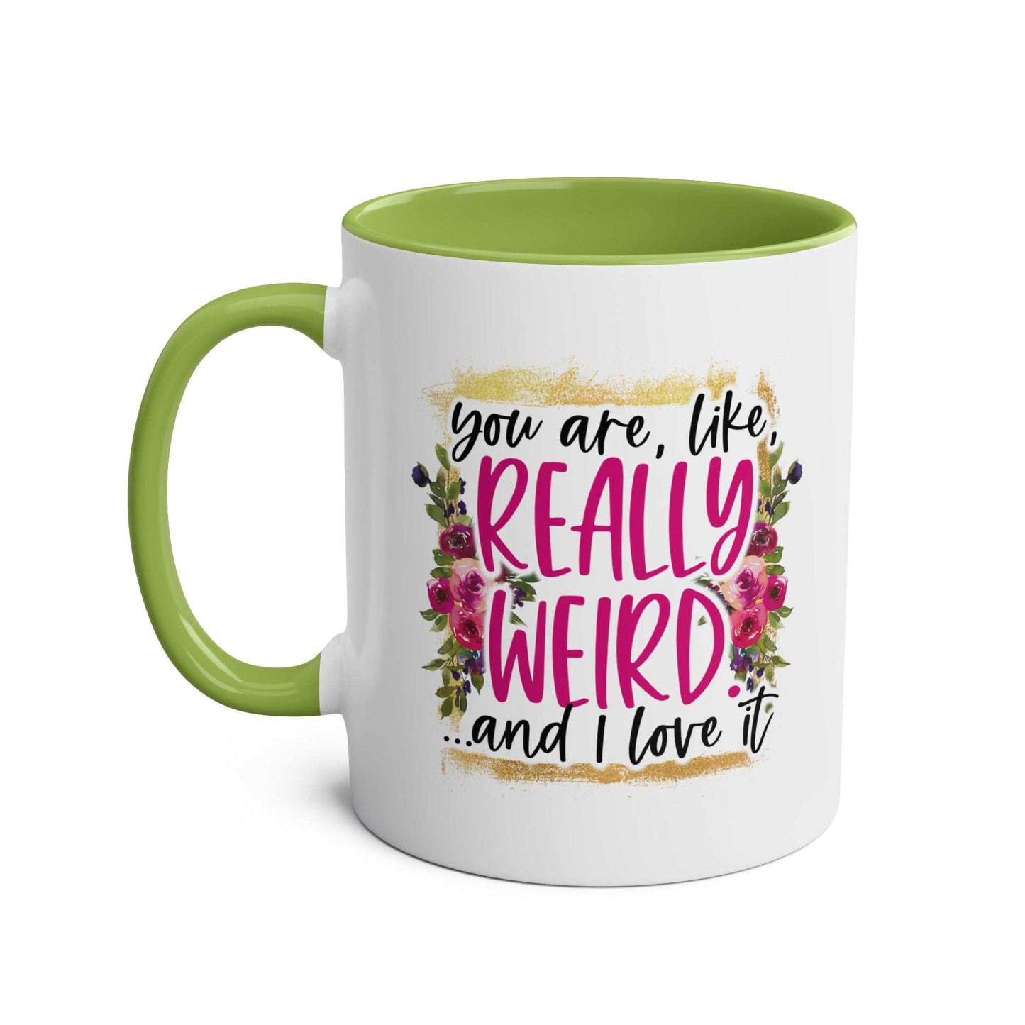Really Weird Coffee Mug with humorous design and green handle.