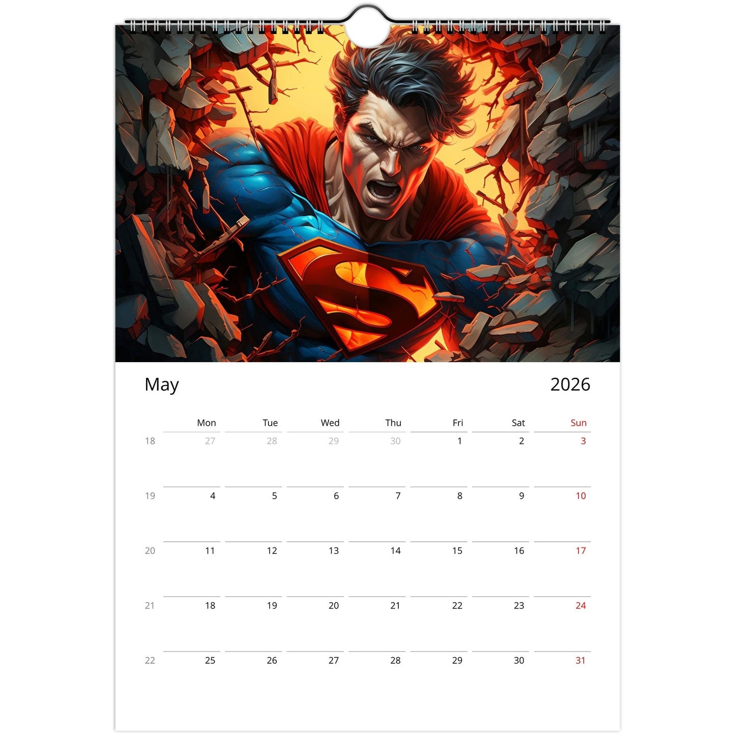 Superhero Calendar 2026 May page featuring bold comic-style superhero artwork with dates for notes and reminders