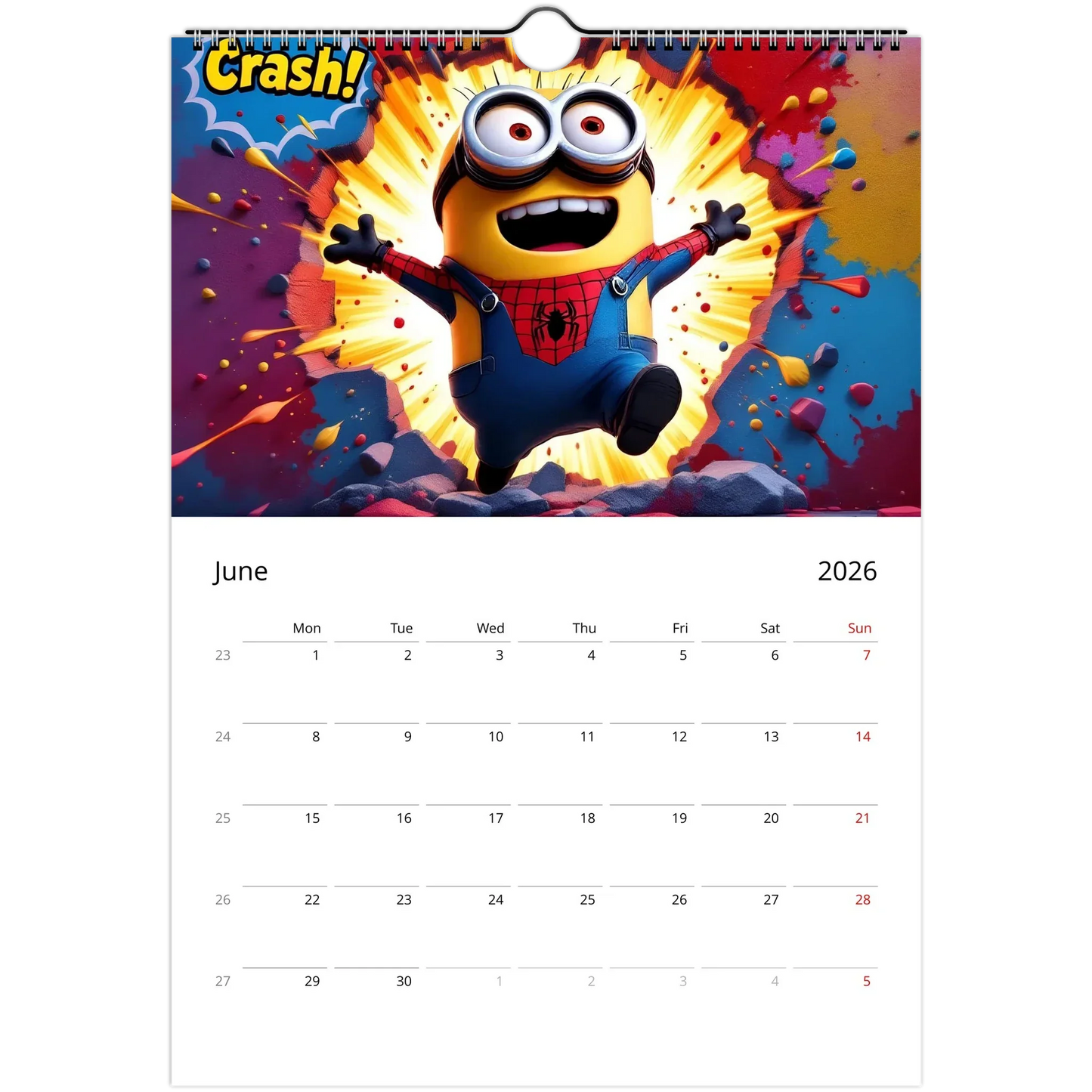 2026 Minions Superhero Wall Calendar with vibrant illustrations and large date squares