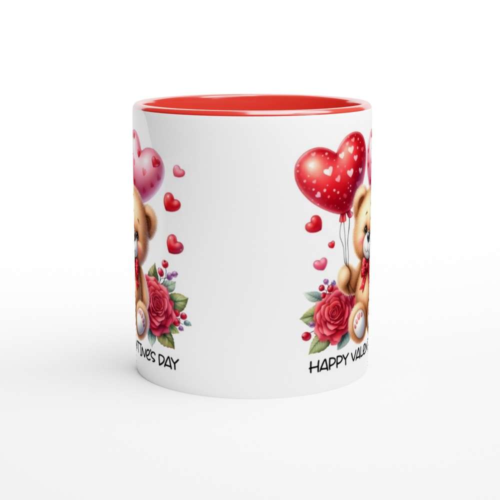 Cute Valentine's Day ceramic coffee cup with vibrant heart and bear design, perfect gift.