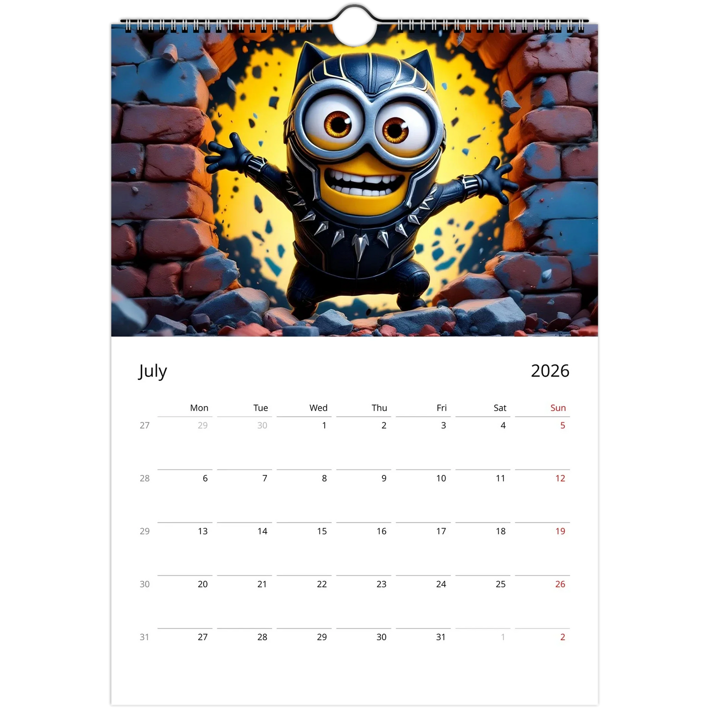 2026 Minions Superhero Wall Calendar July page featuring Minion in black superhero costume bursting through a brick wall, with large date squares and spiral binding