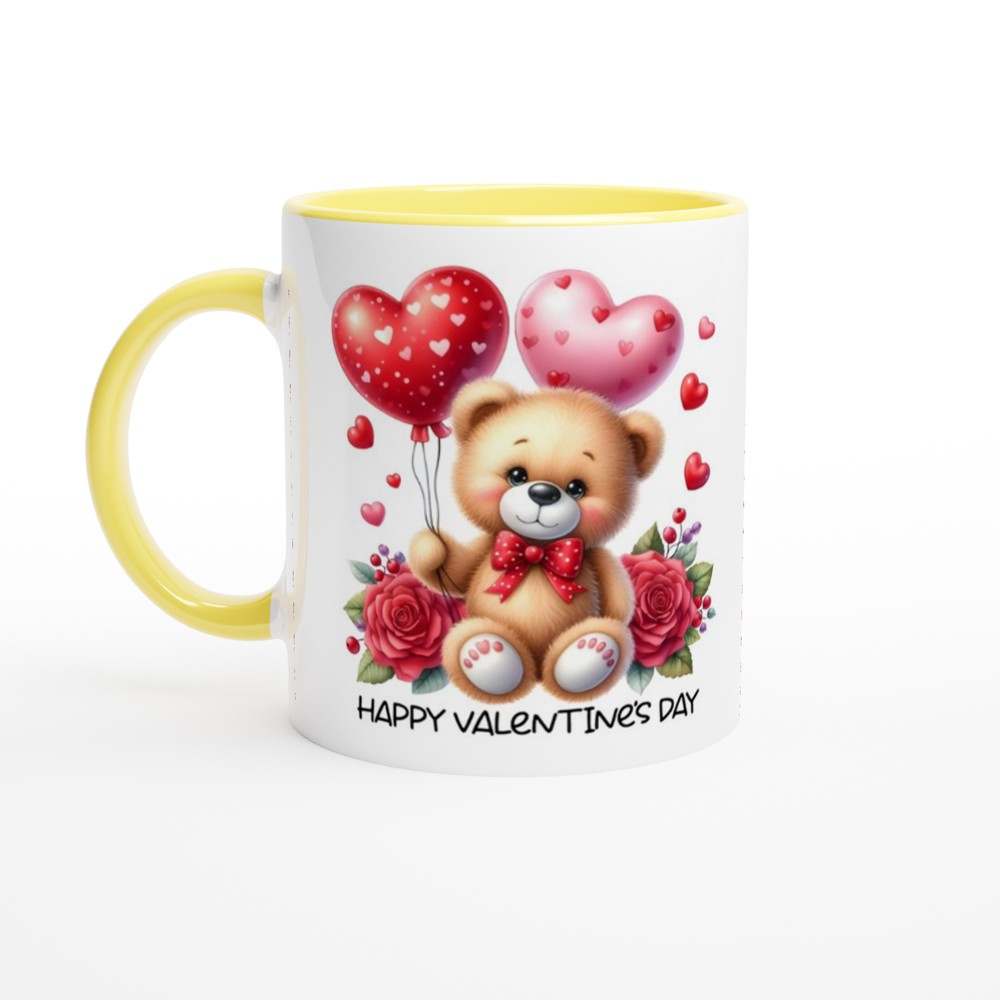 Valentines Day Mug with teddy bear and heart design, ceramic coffee cup, perfect gift.