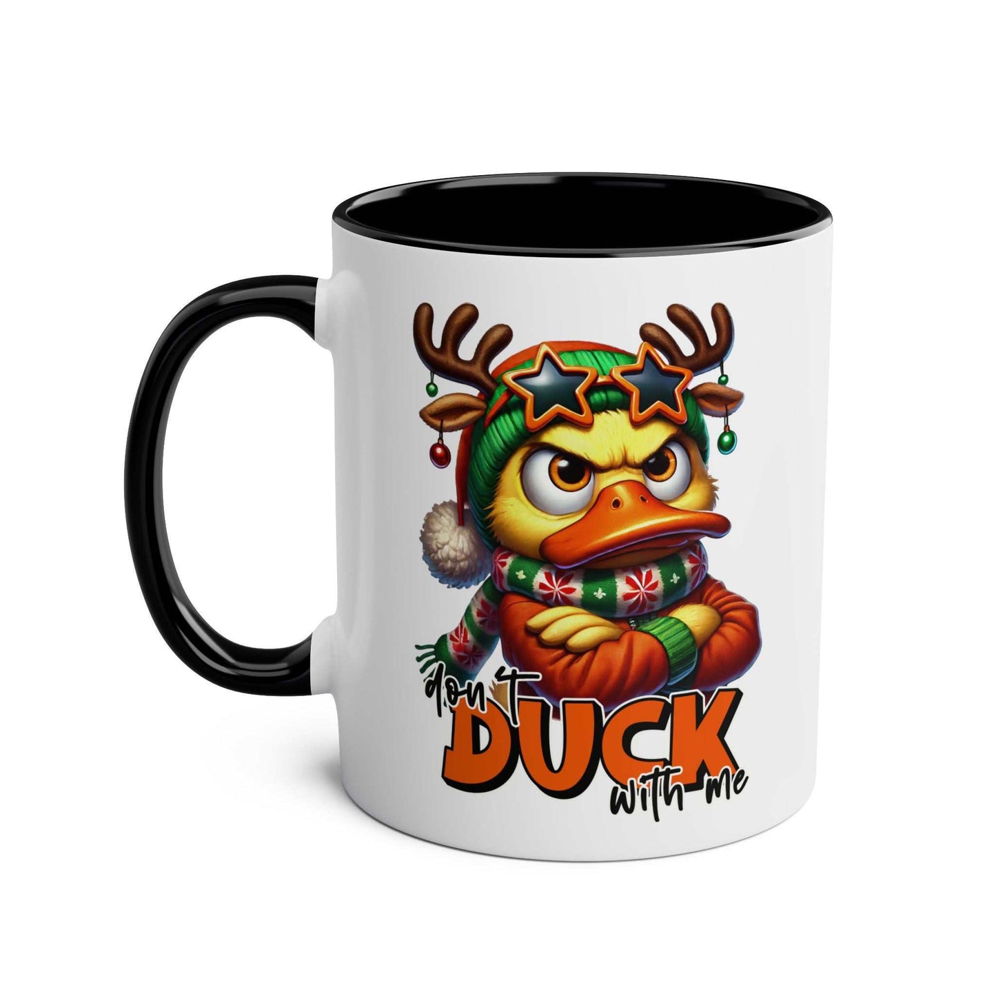 Sarky Christmas Mug with duck design, available in 7 colors, sublimation printed, glossy ceramic, microwave and dishwasher safe.