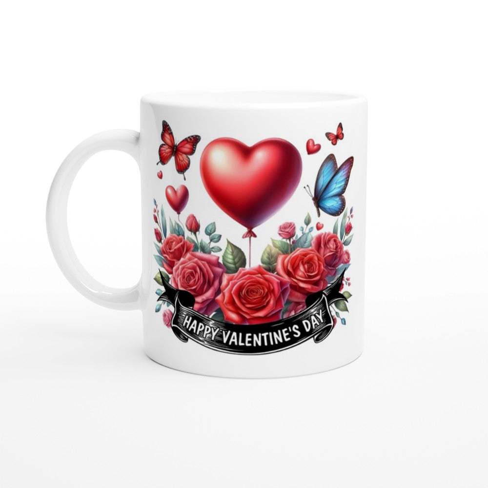 Valentines Day mug with heart and roses design, perfect gift.