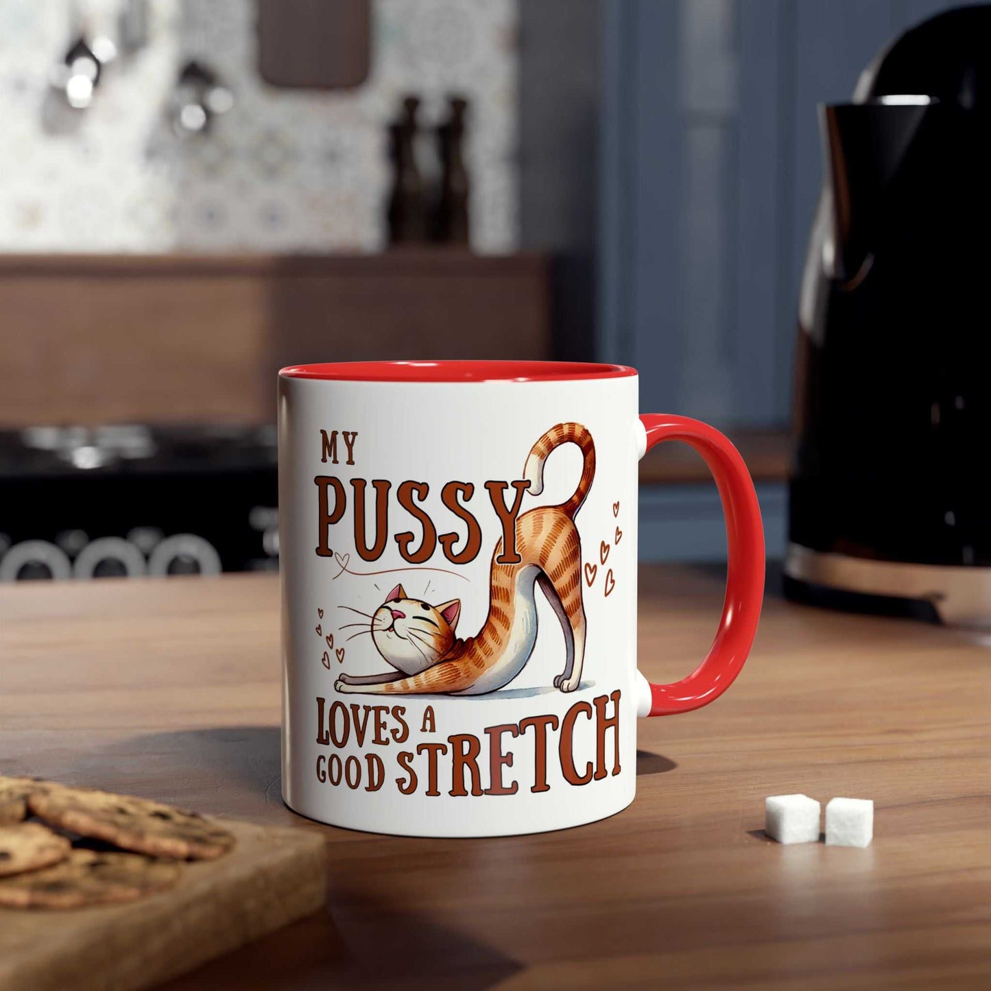 Cheeky Fun Coffee Mug with cat illustration and playful quote in a kitchen setting.