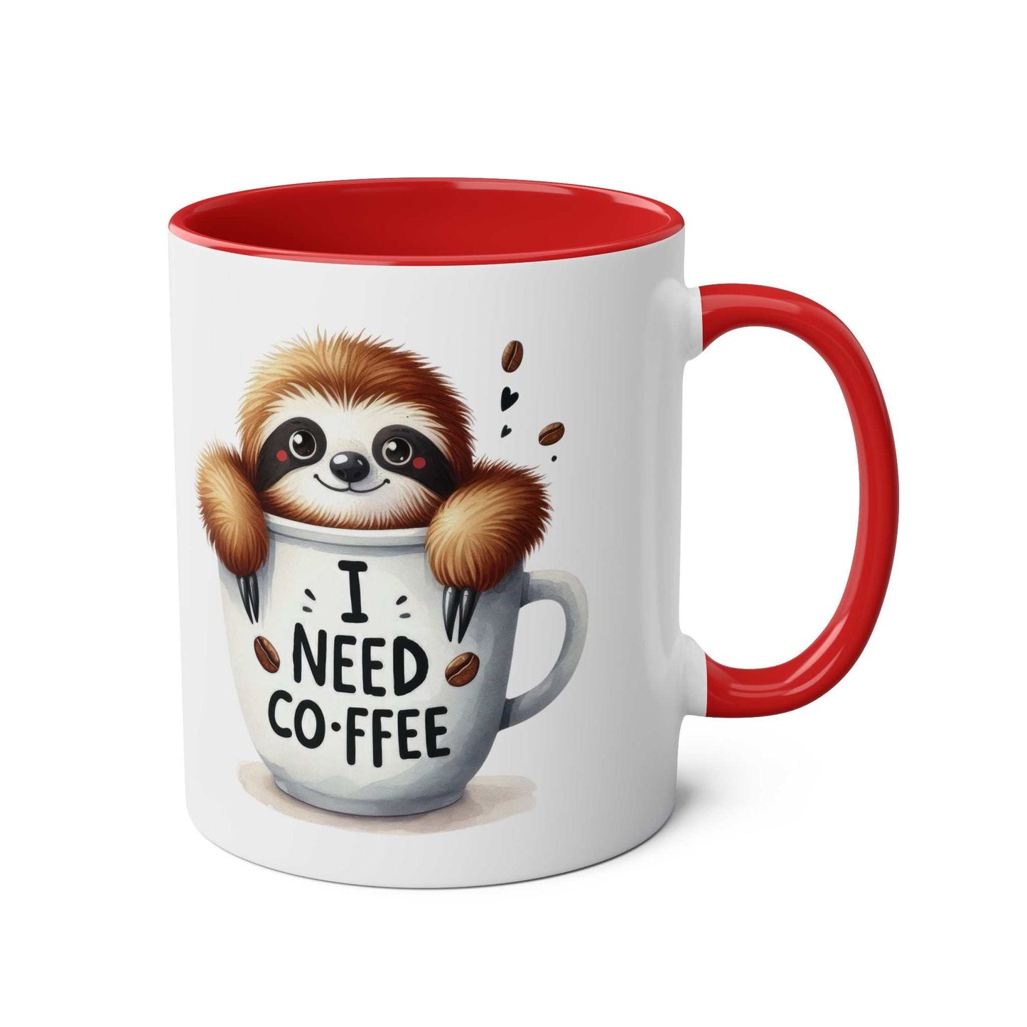 Cute sloth coffee mug with red interior and handle, featuring "I Need Coffee" text and vibrant design.
