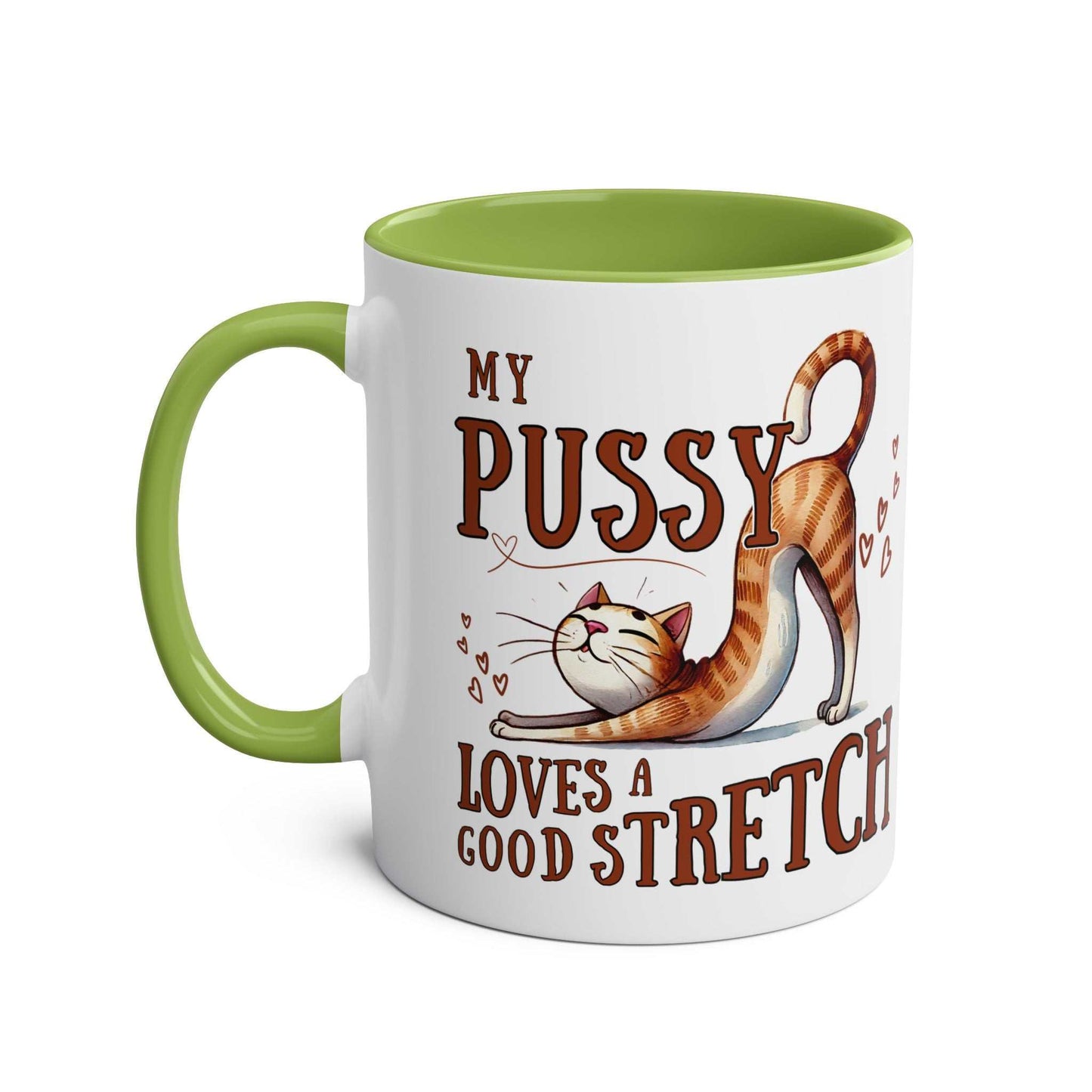 Playful Cheeky Fun Coffee Mug with cat print and green handle.