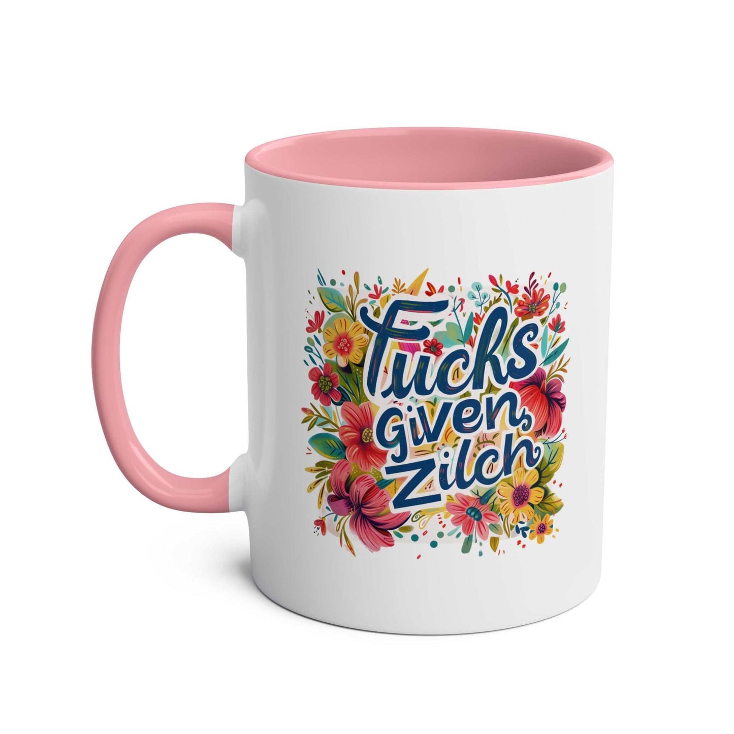 Zilch Coffee Mug with colorful floral design and cheeky message