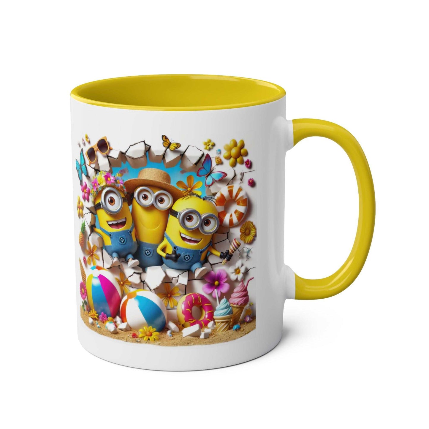 Minion Beach Themed Coffee Mug with playful Minions enjoying sun and surf, 11oz ceramic, yellow handle.