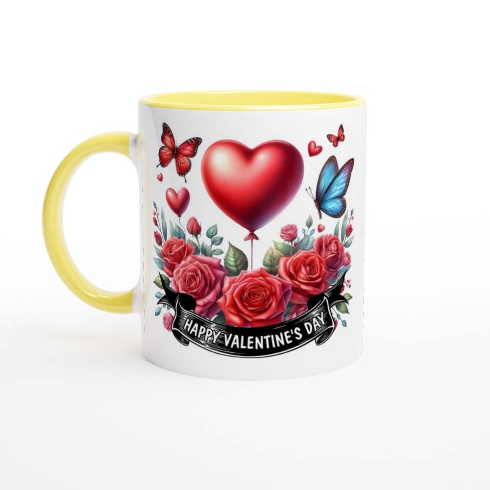 Gorgeous Valentines Day mug with vibrant heart and floral design, 11oz ceramic, colored rim and handle.