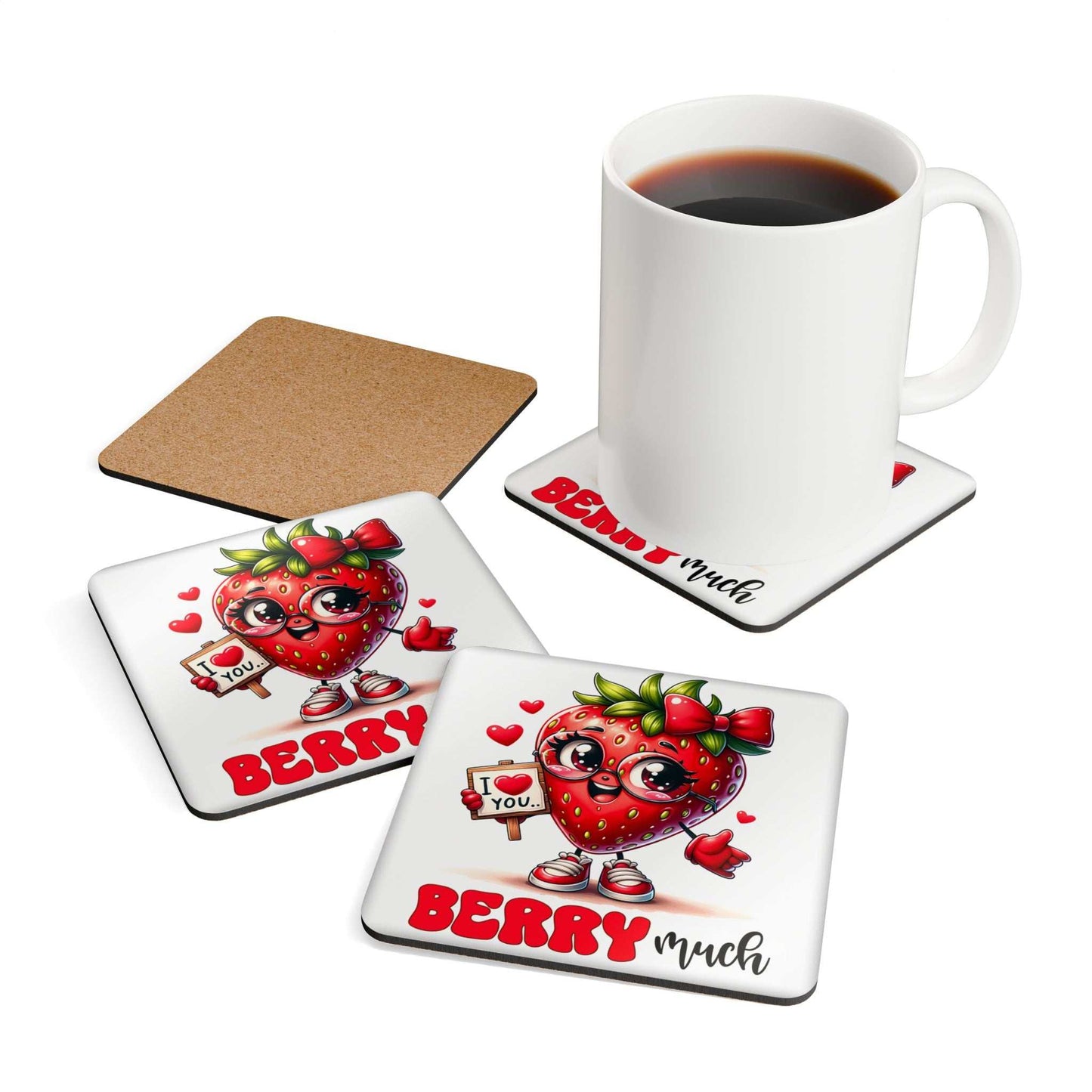 Love You Berry Much Coaster Set with playful strawberry design, cork backing, and cup on top.