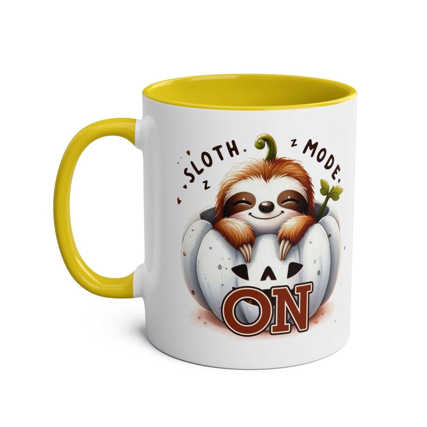 Cute sloth coffee mug with "Sloth Mode On" design, yellow handle, and inside.