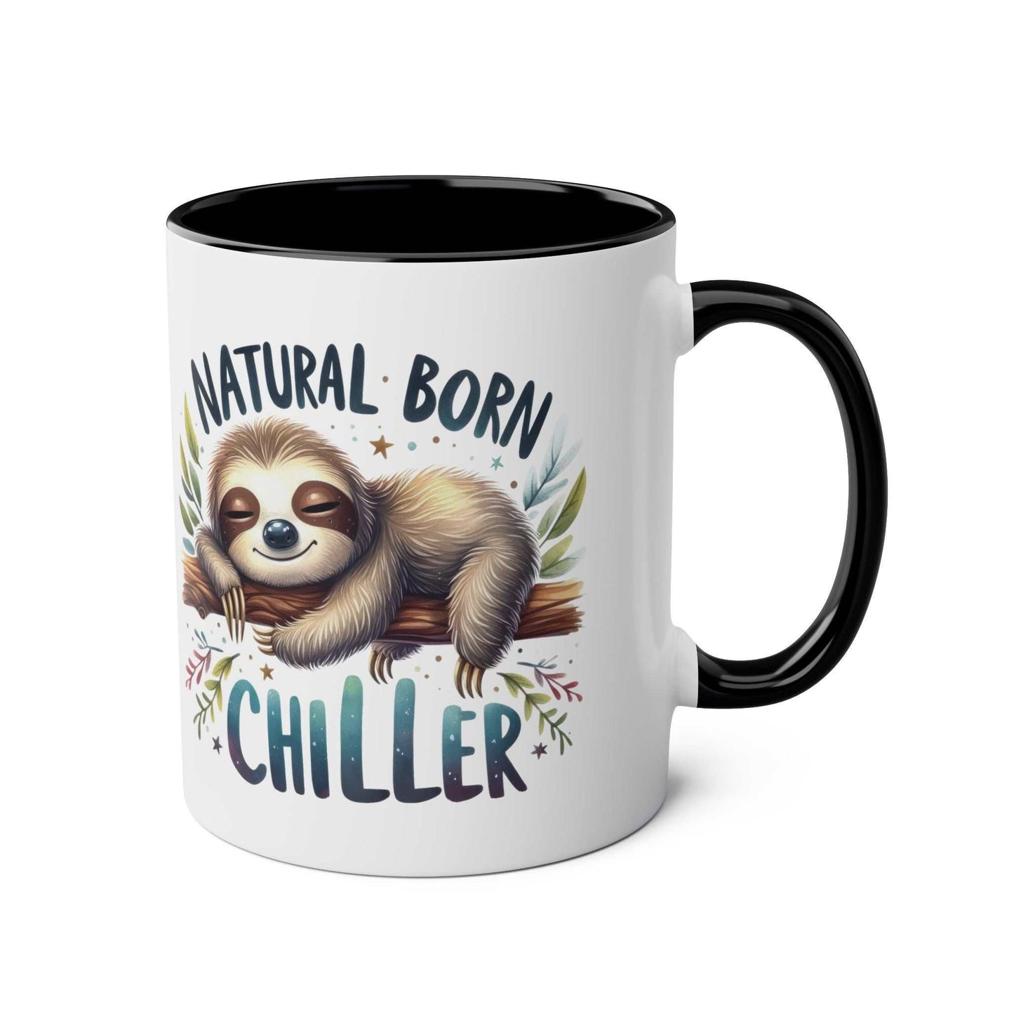 Cute sloth coffee mug with "Natural Born Chiller" design, perfect for animal lovers.