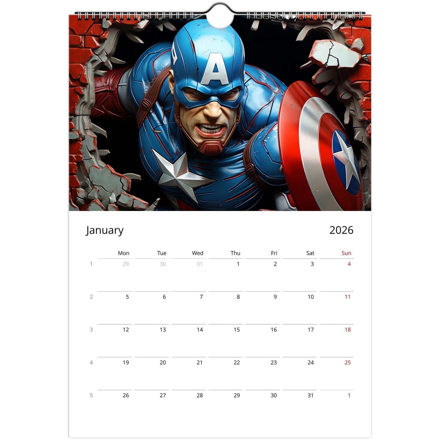 Superhero Calendar 2026 January page featuring Captain America comic design with sleek spiral binding and clear date squares.