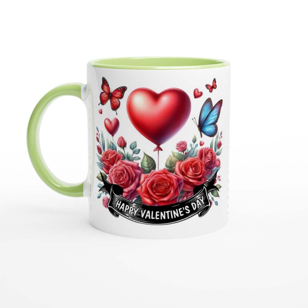 Valentines Day mug with heart, roses, butterflies; ceramic, glossy finish, colored rim.
