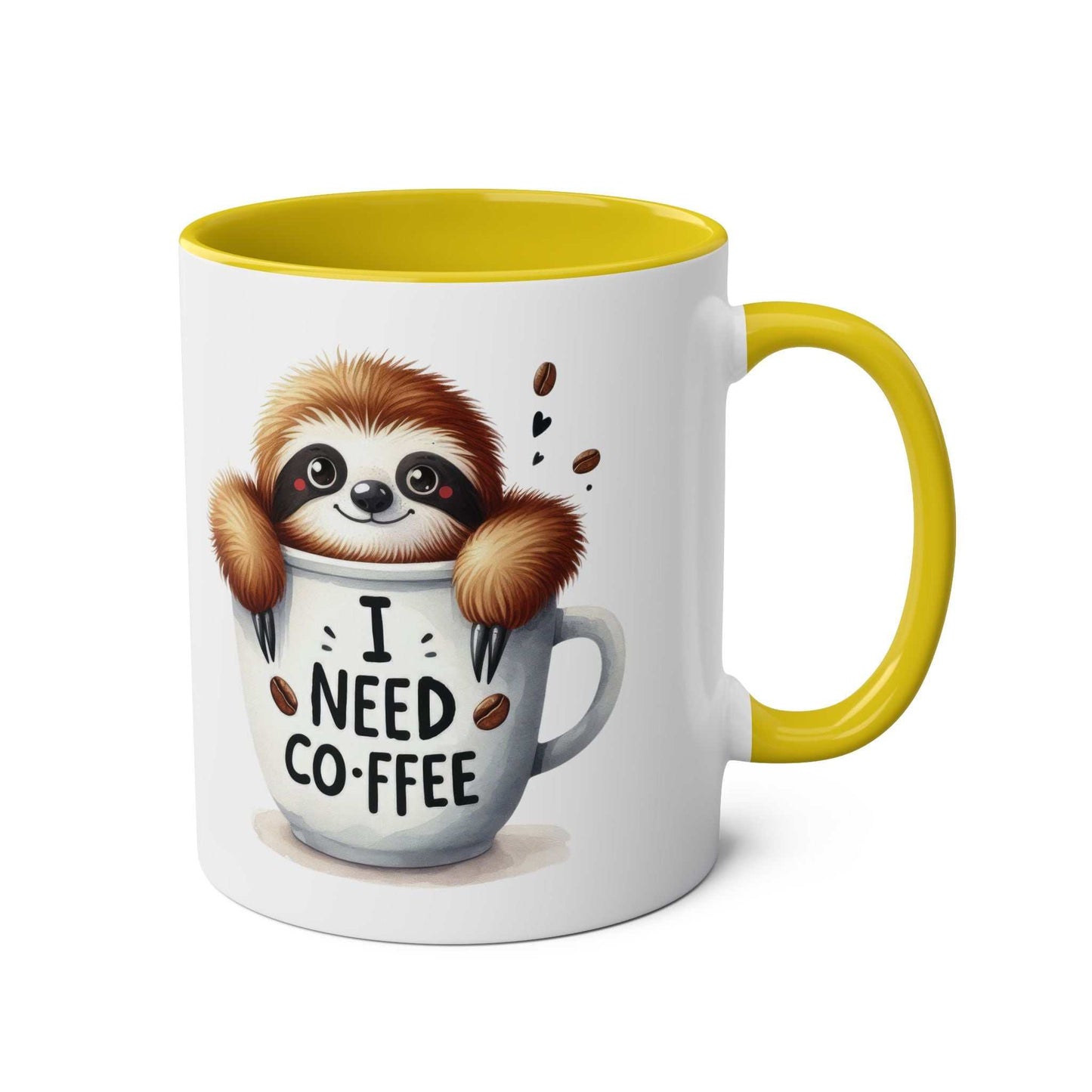 Cute sloth coffee mug with whimsical design on a glossy ceramic finish, featuring the text "I need coffee".