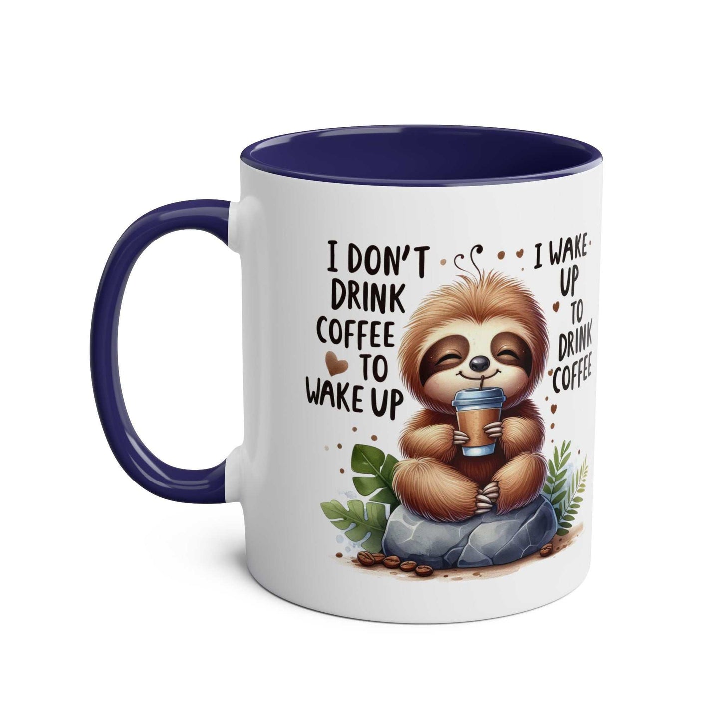 Cute sloth coffee mug with whimsical design and blue handle.