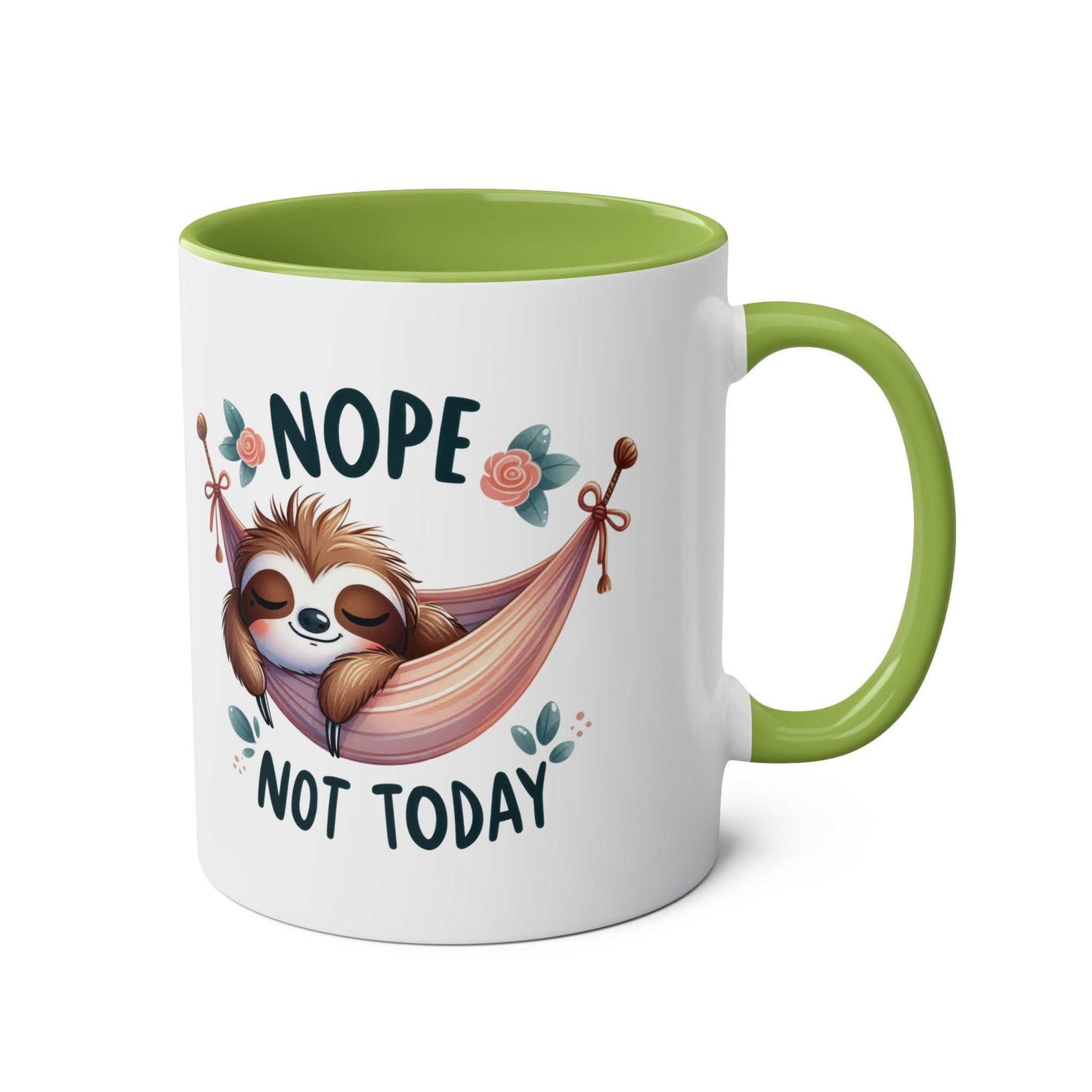Cute sloth coffee mug with "Nope Not Today" design and a green interior.