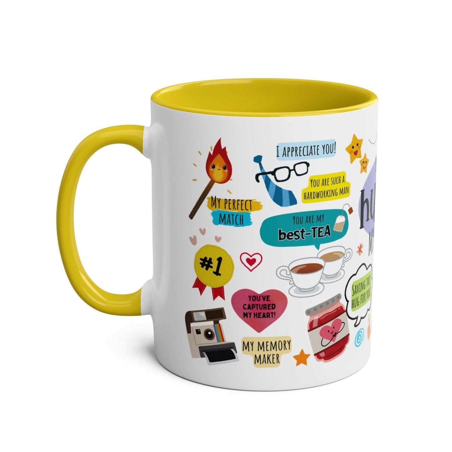 Husband Father's Day gift mug with colorful graphics, fun messages, and a yellow interior handle.
