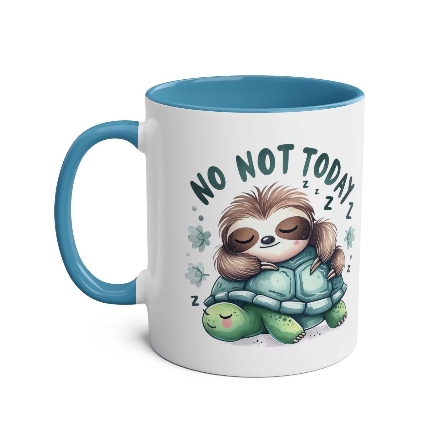 Cute sloth coffee mug with "No Not Today" design, blue handle, and green turtle illustration.