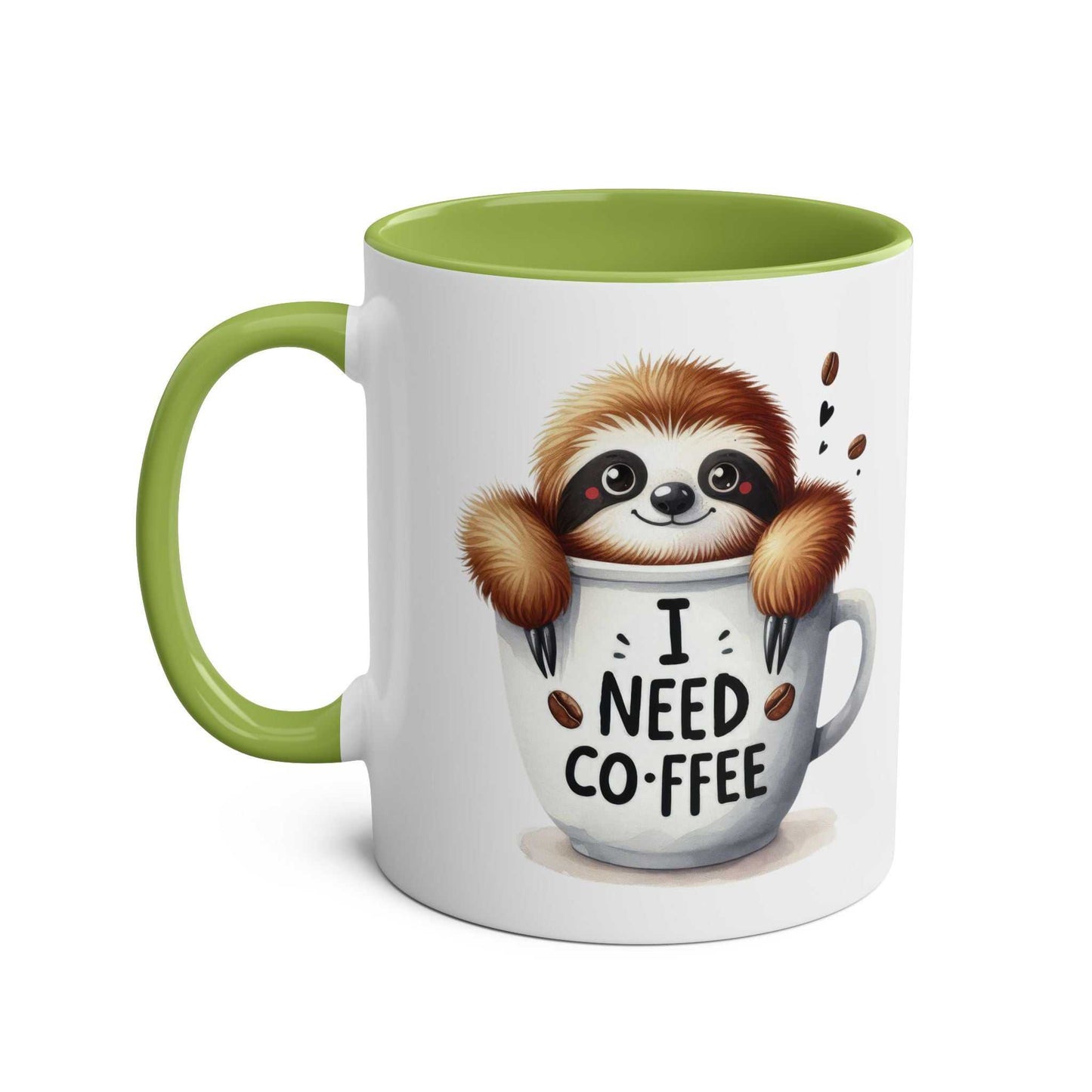 Cute sloth coffee mug with "I Need Coffee" design, green handle.