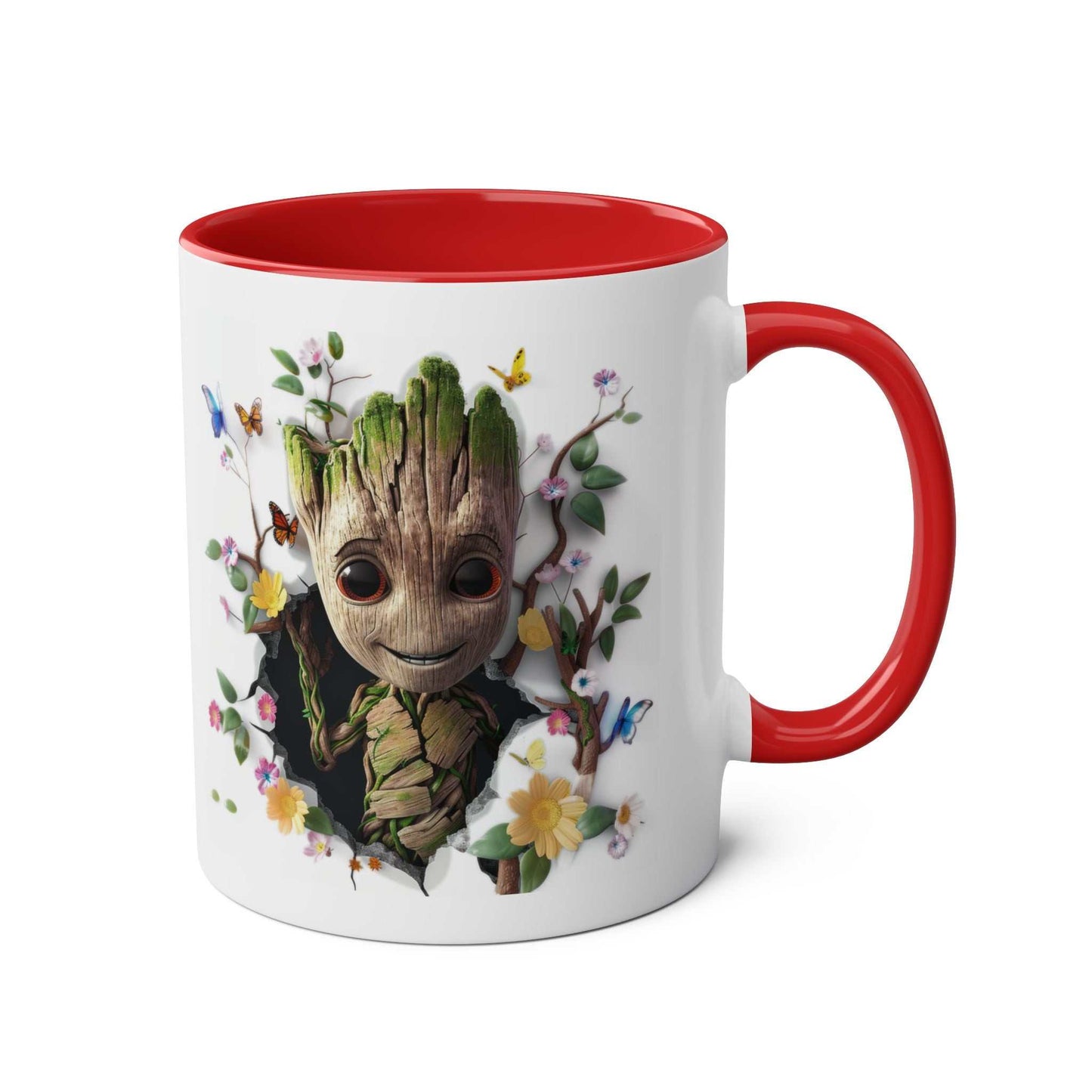Baby Groot Themed Mug with colorful design and red handle, 11oz ceramic.