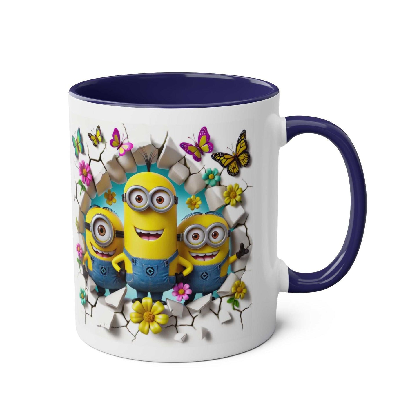 Minion Inspired Coffee Mug with colorful design and cheerful Minion characters, 11oz ceramic, microwave and dishwasher safe.