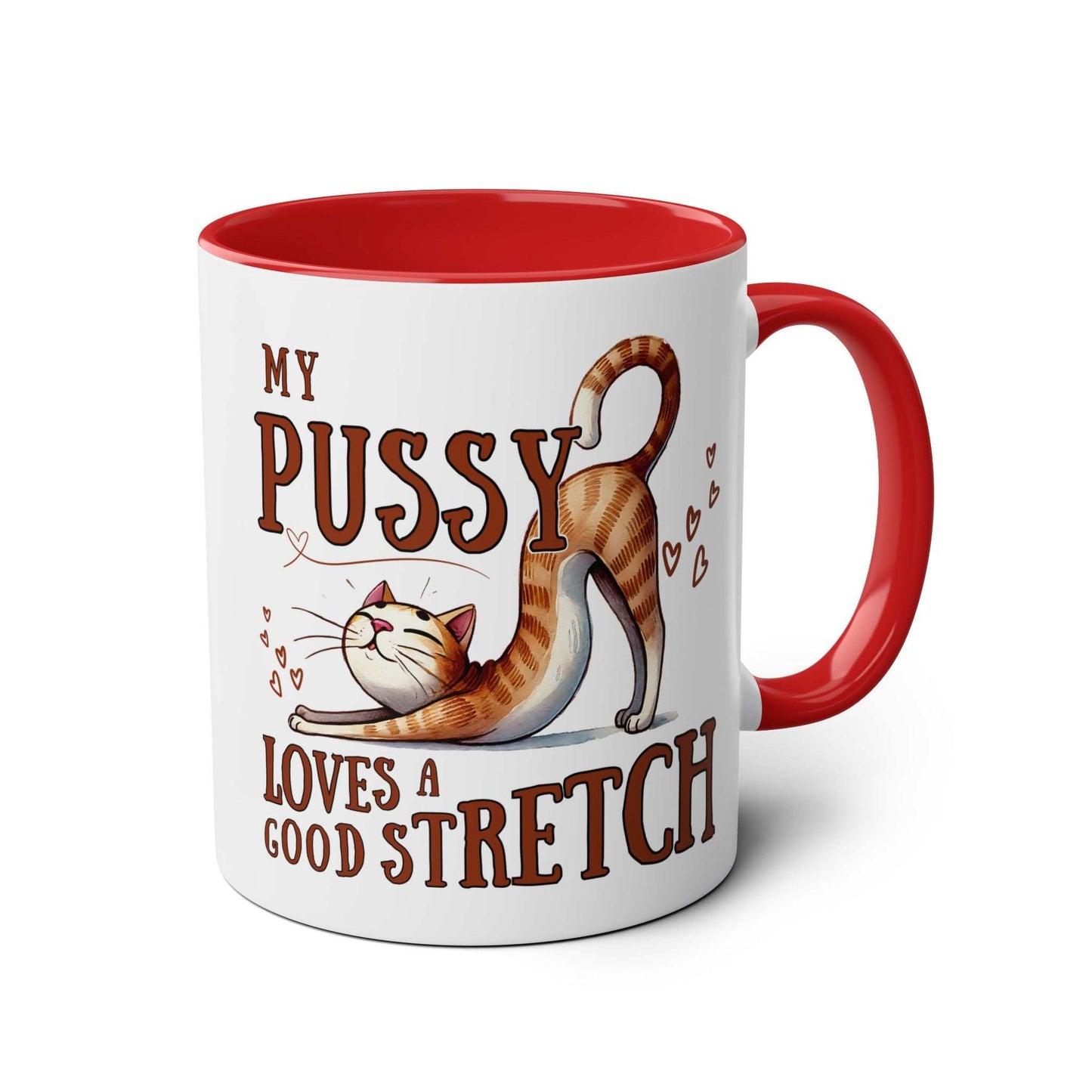 Playful Cheeky Fun Coffee Mug featuring a stretching cat illustration, red handle, and interior.