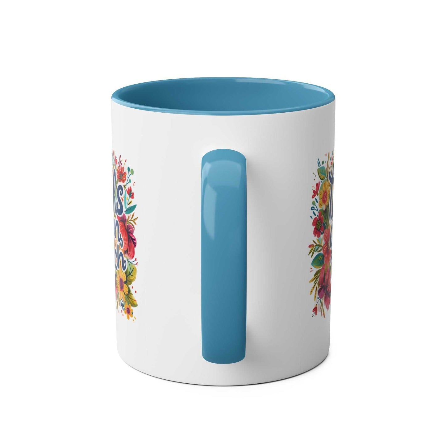 Zilch Coffee Mug with blue handle and colorful floral design, 11oz ceramic, glossy finish.