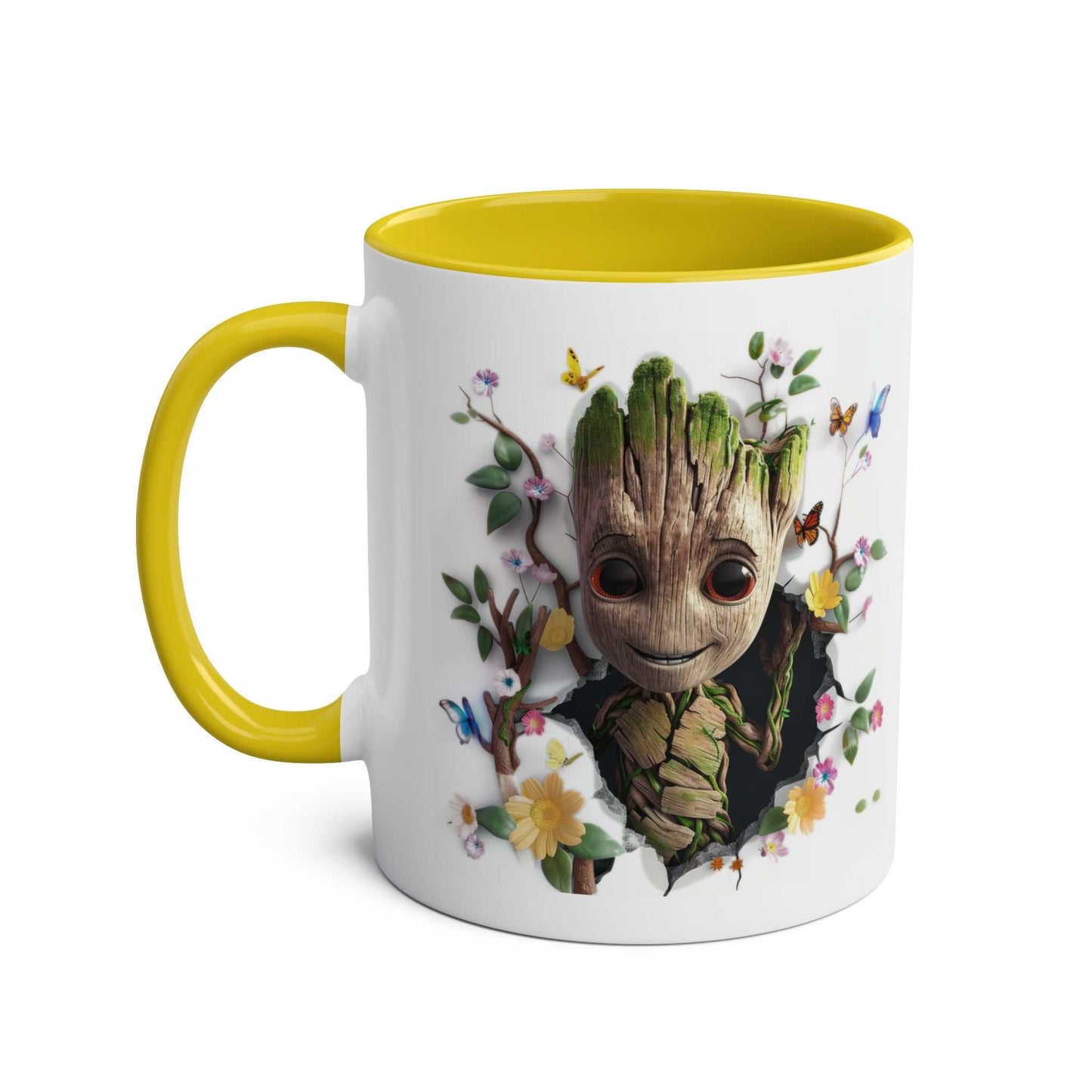 Baby Groot themed mug with colorful floral design and yellow interior.