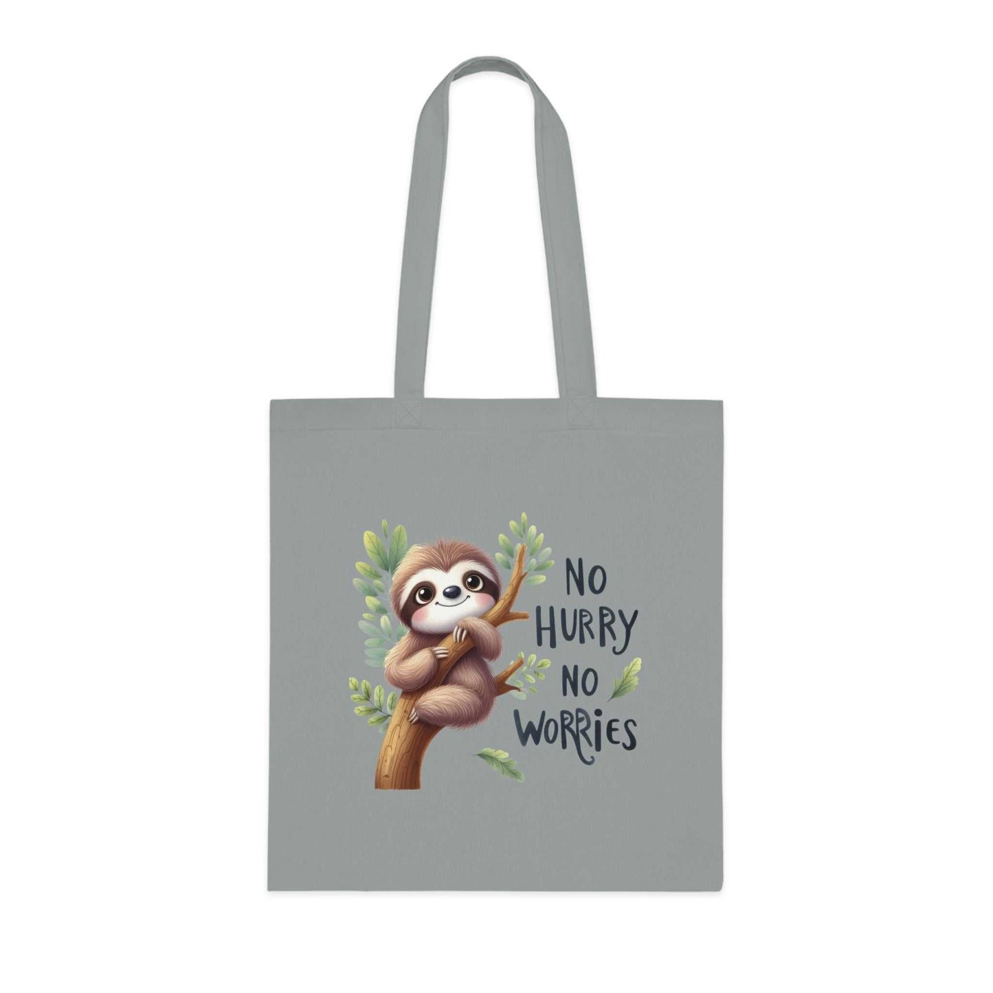 Cute sloth tote bag with playful design on 100% cotton fabric.