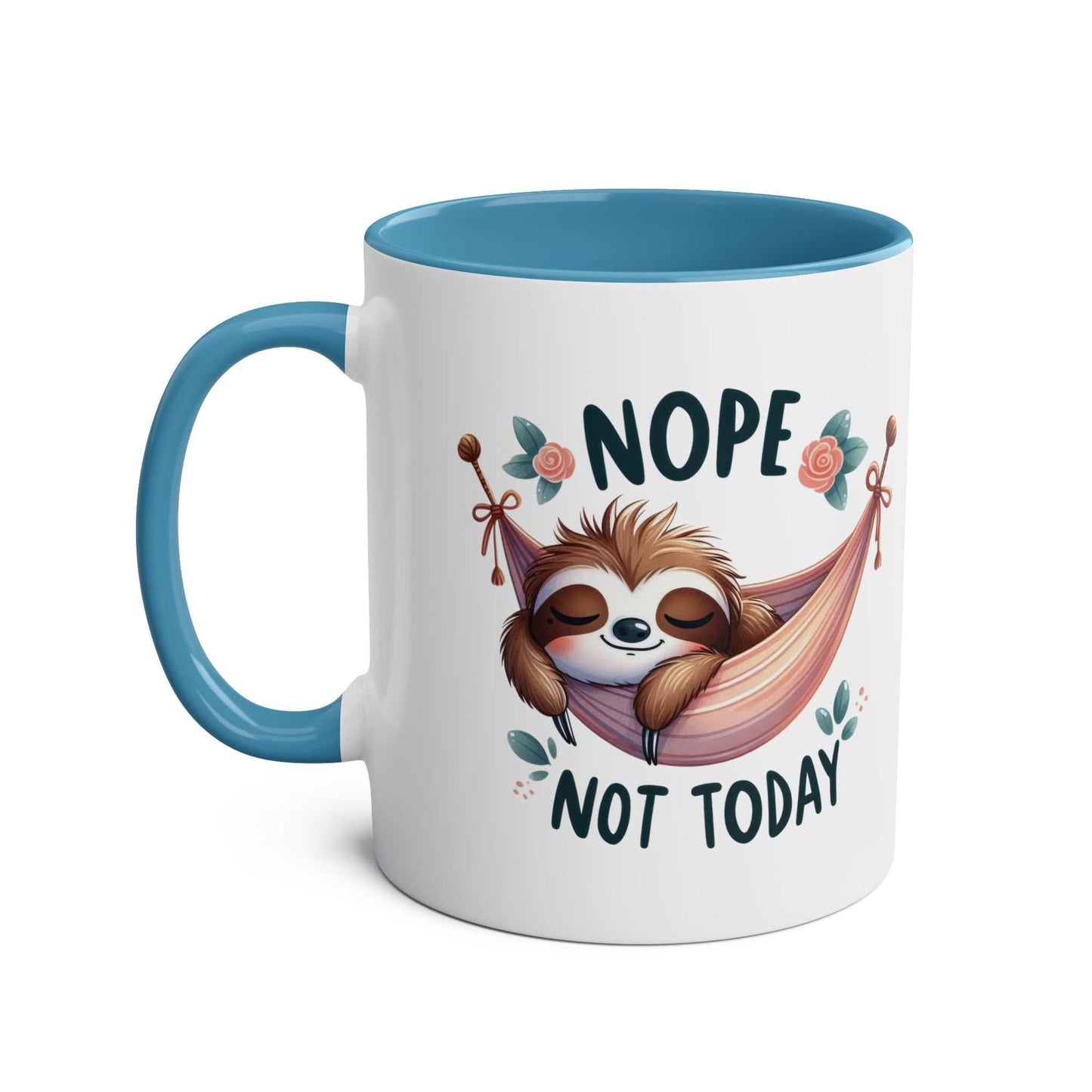 Cute sloth coffee mug with "Nope Not Today" design, blue interior.