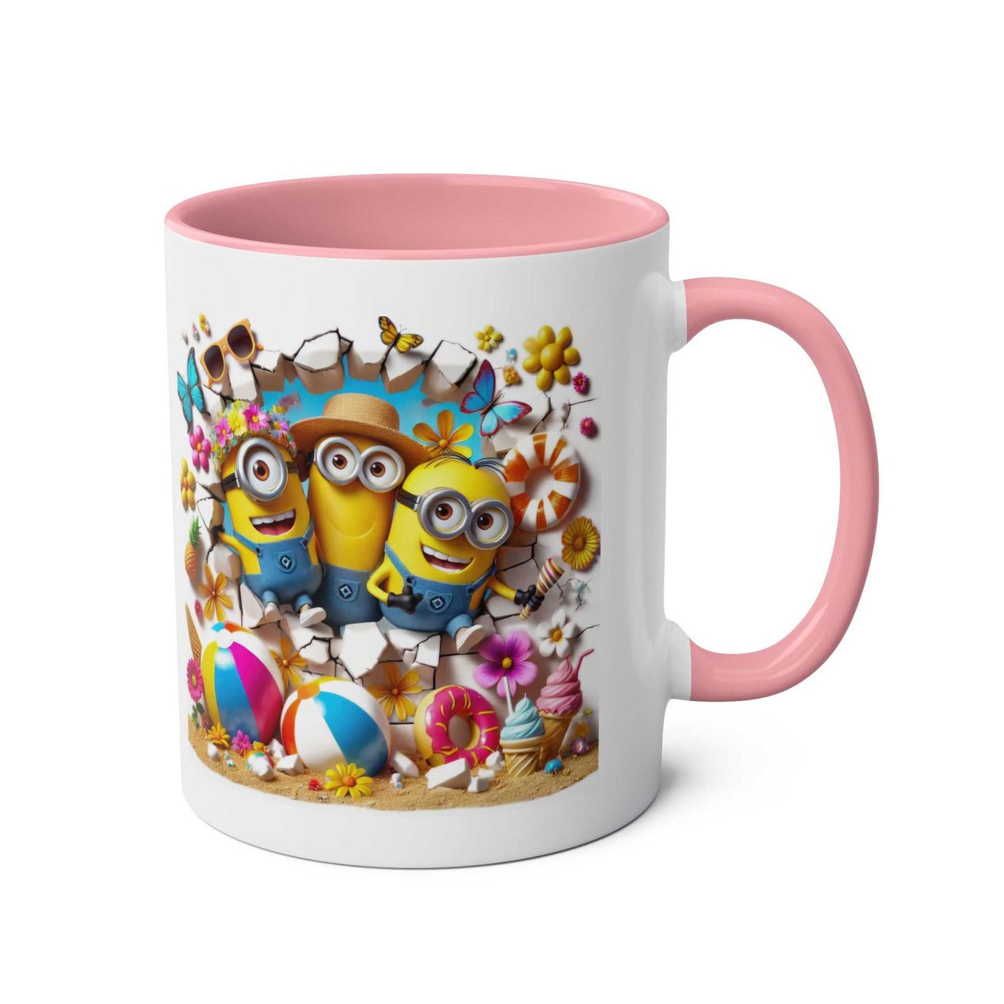Minion Beach Themed Coffee Mug with playful design featuring Minions enjoying the beach, glossy 11oz ceramic.