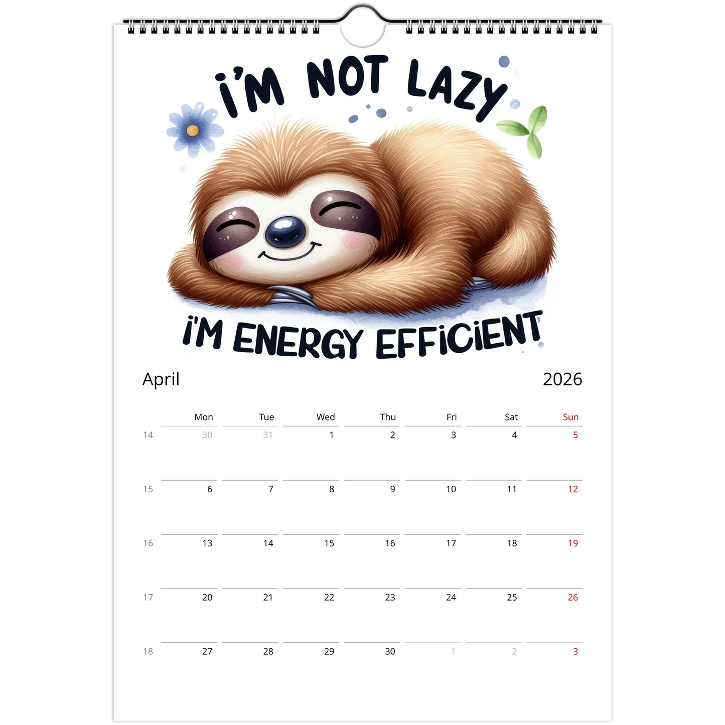 Adorable Sloth Wall Calendar 2026 featuring a cute sloth illustration and monthly date squares for notes and reminders