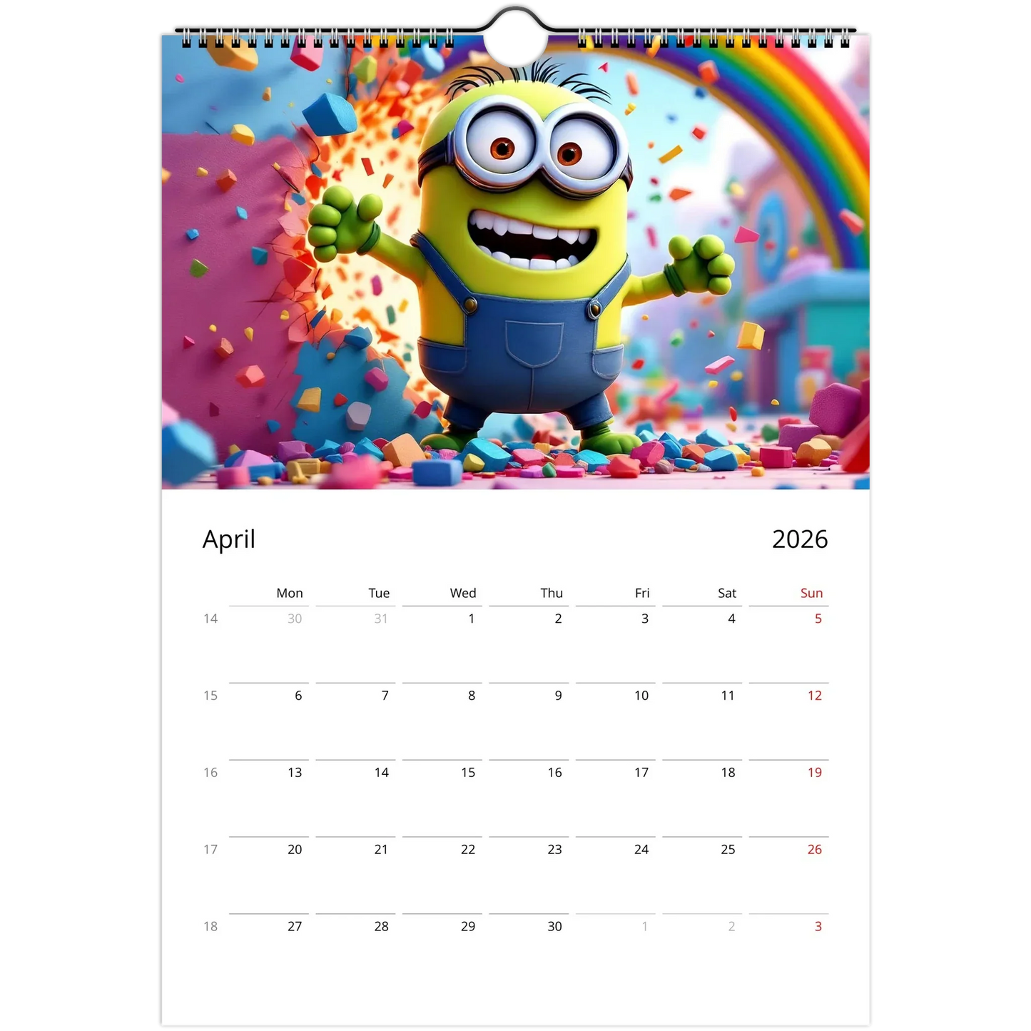 2026 Minions Superhero Wall Calendar featuring colorful superhero Minion illustration for April with clear date squares and spiral binding