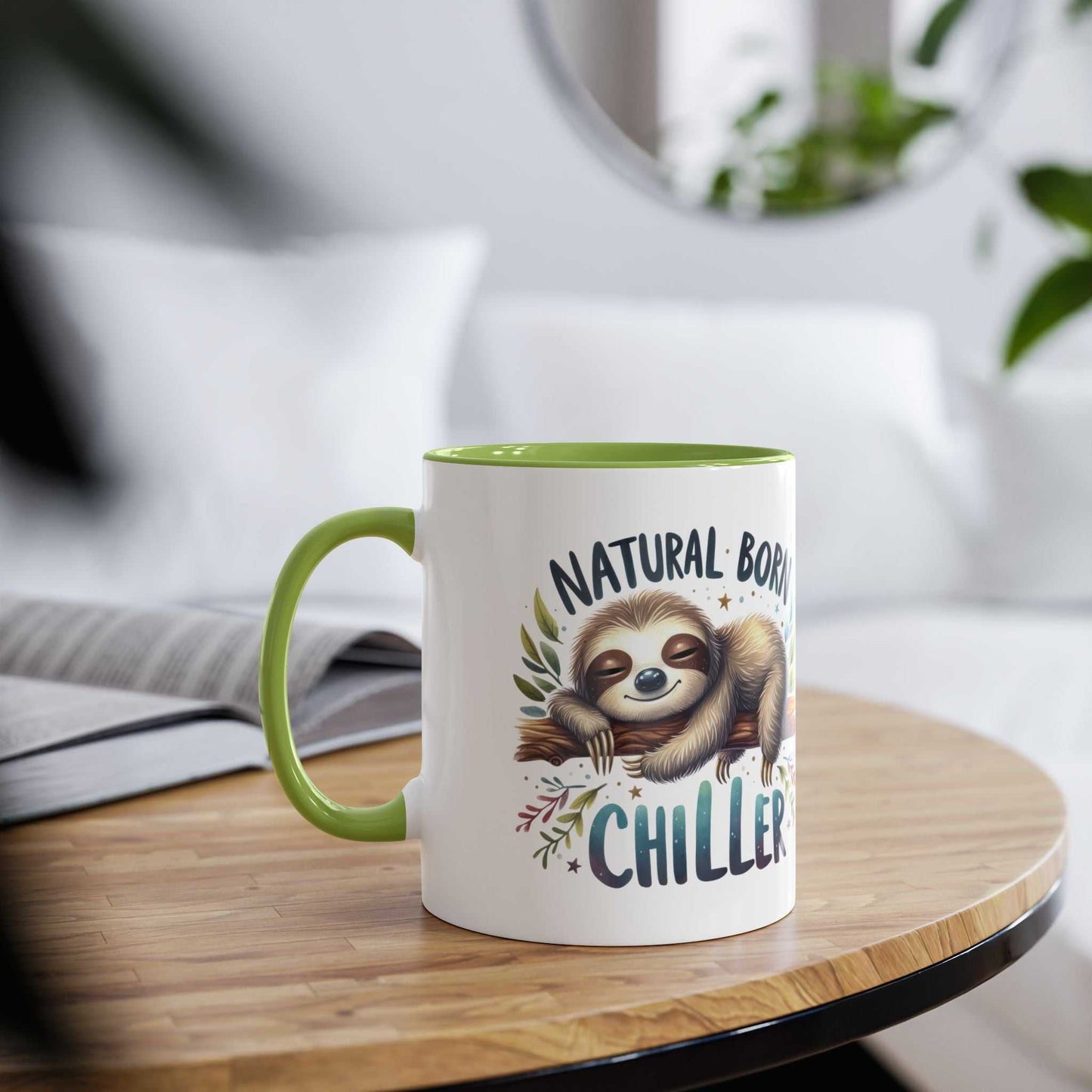 Cute sloth coffee mug with whimsical design on wooden table.
