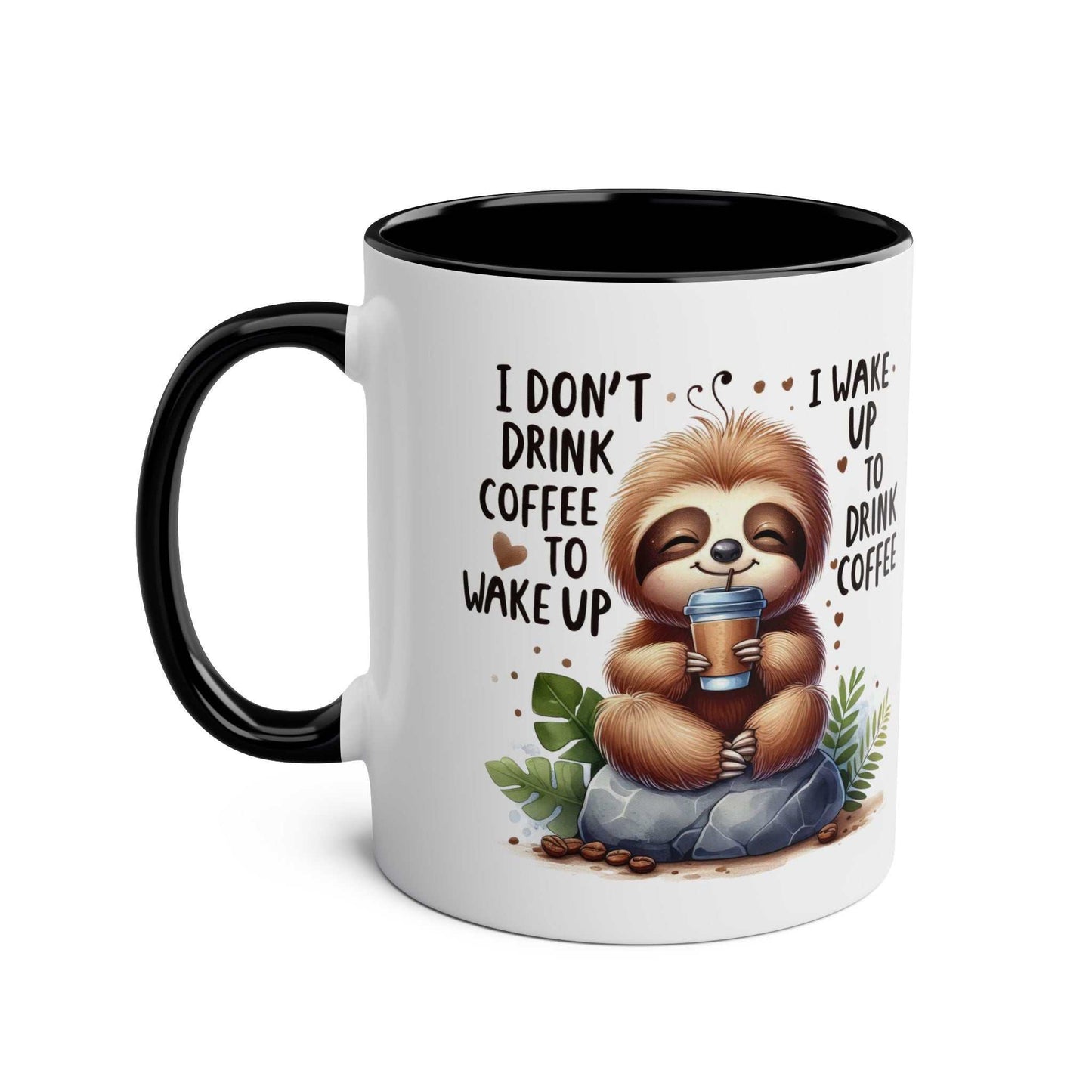 Cute sloth coffee mug with a whimsical design, perfect for animal lovers; 11oz ceramic, microwave and dishwasher safe.