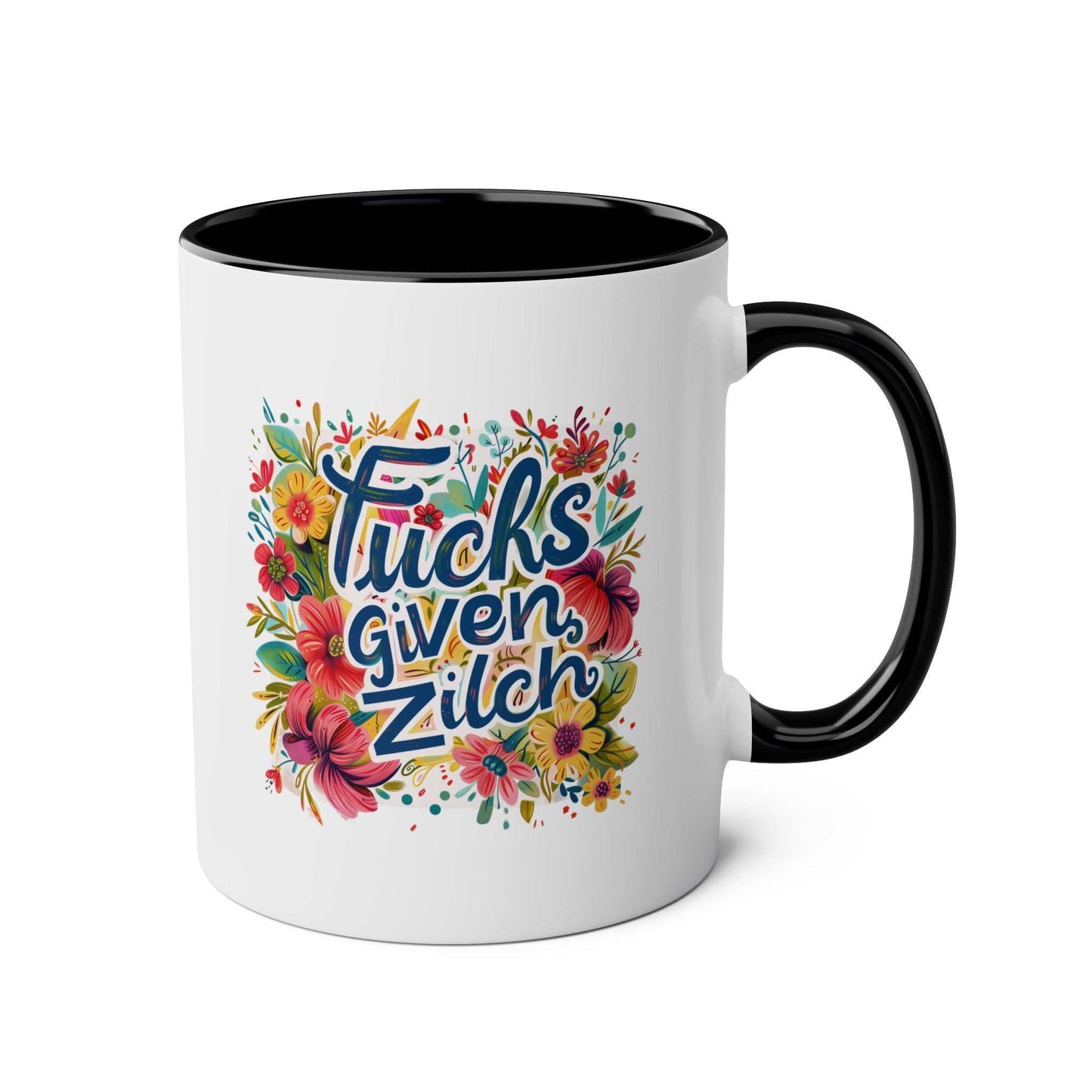 Zilch Coffee Mug with colorful floral design and cheeky text.