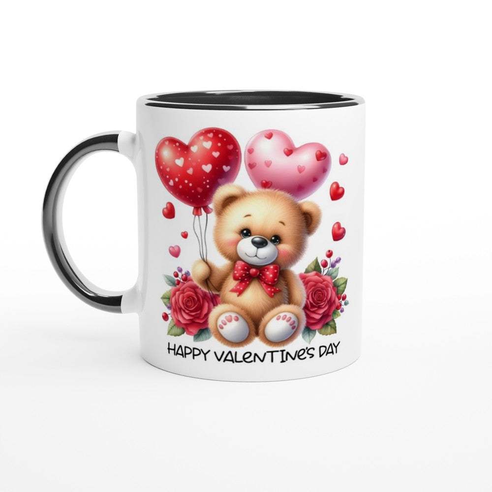Cute Valentines Day Mug with teddy bear design, ceramic coffee cup, perfect gift, 11oz capacity, glossy finish.