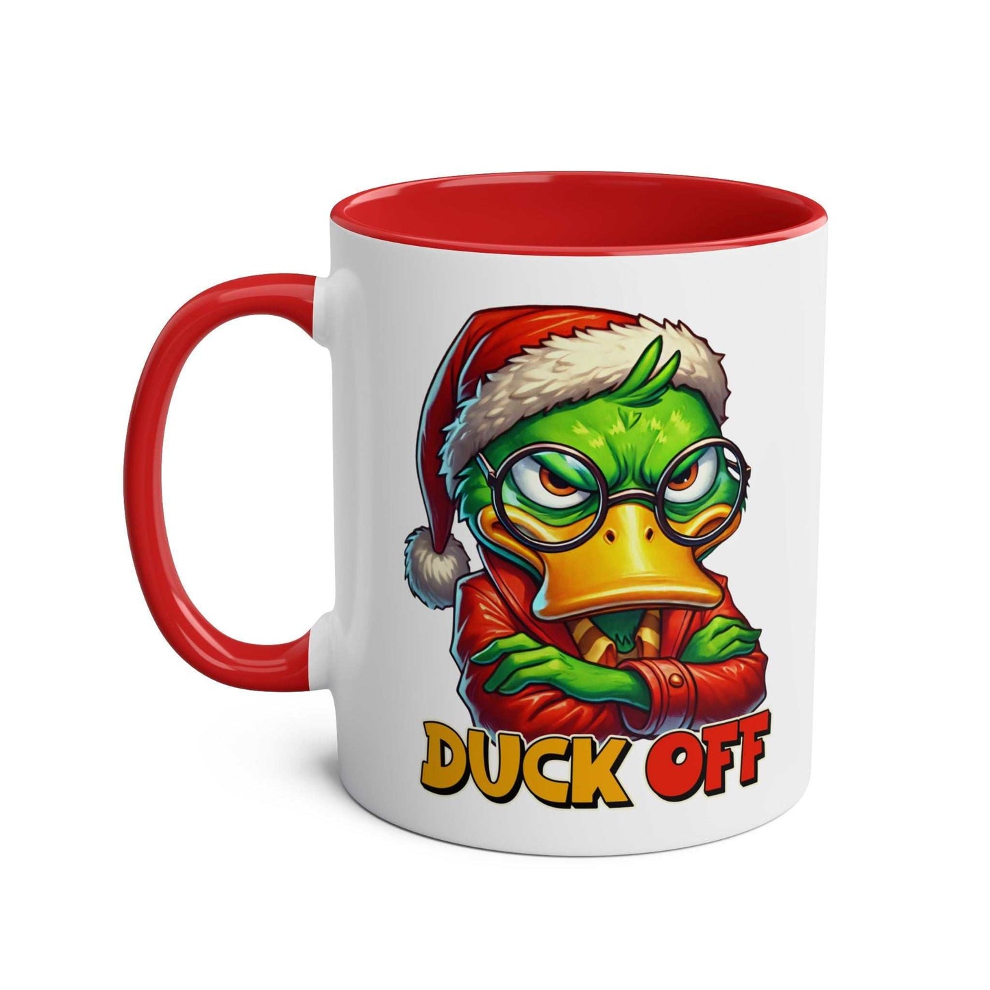 Sarky Christmas mug with duck design and red handle.