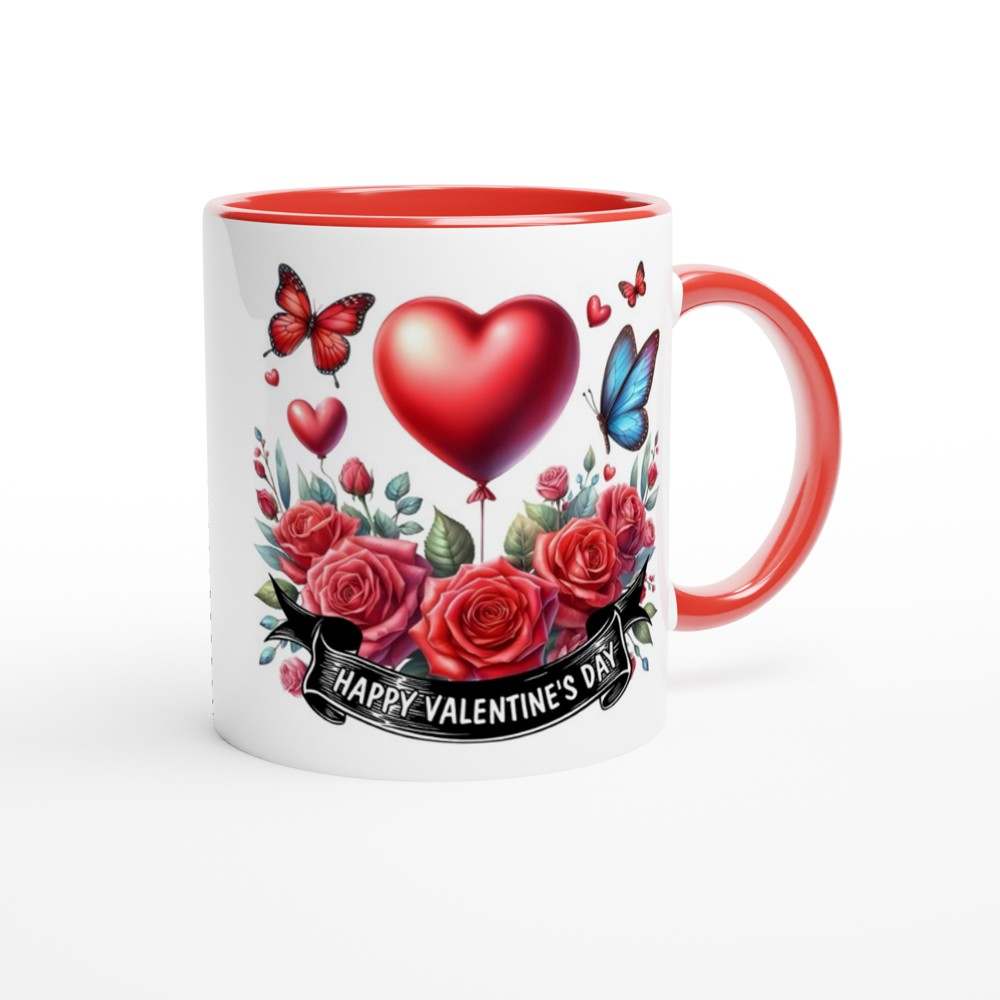 Valentines Day mug with heart and rose design, red accents, perfect lovely gift.