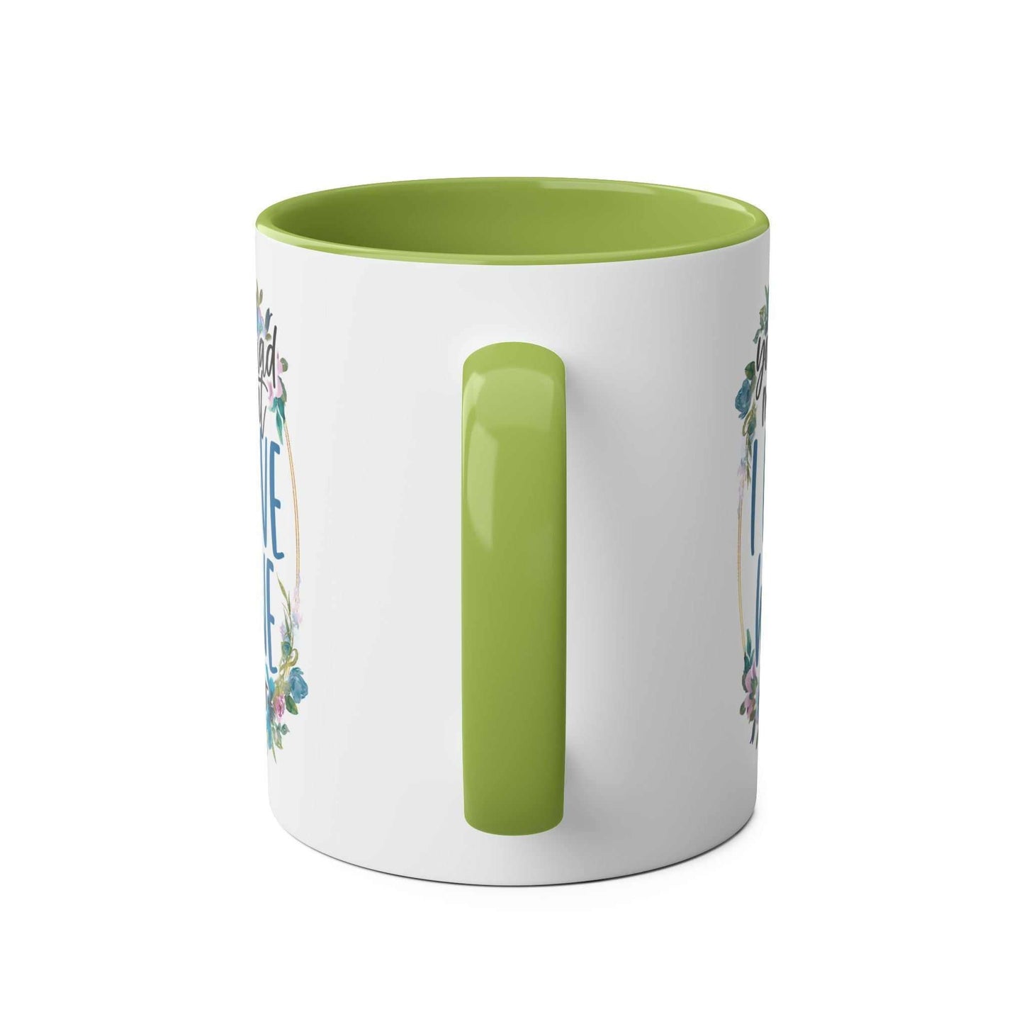Love Wine Coffee Mug with green handle and interior, featuring sublimation print design.
