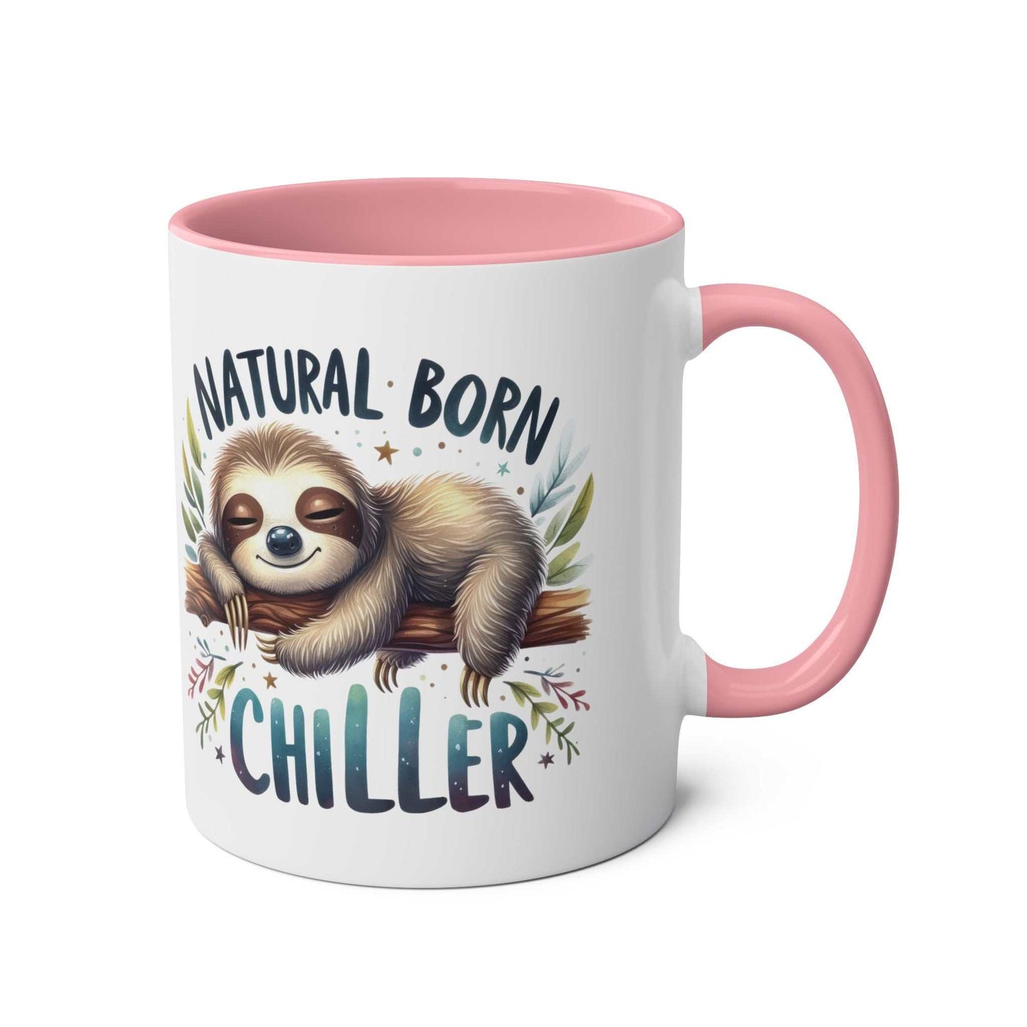 Cute sloth coffee mug with pink handle and "Natural Born Chiller" design.