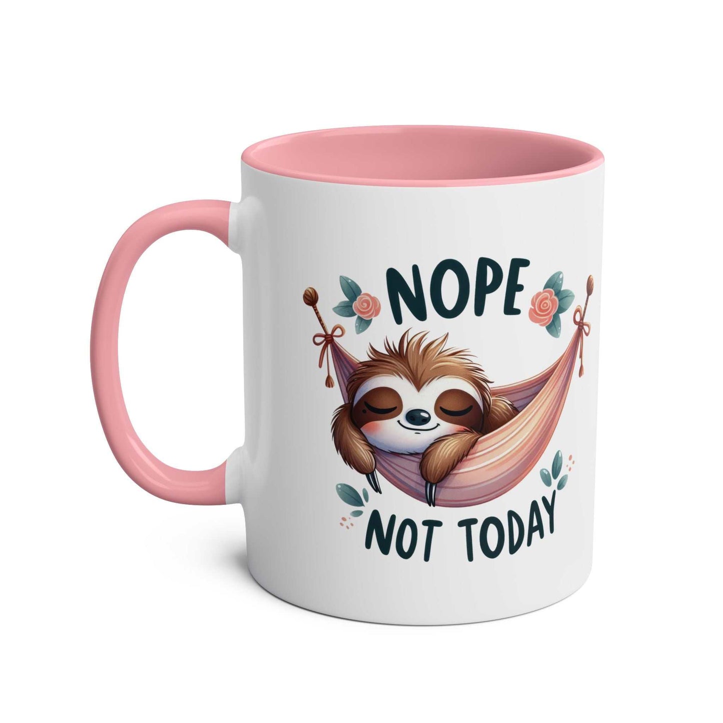 Cute sloth coffee mug with "Nope Not Today" design and pink handle.