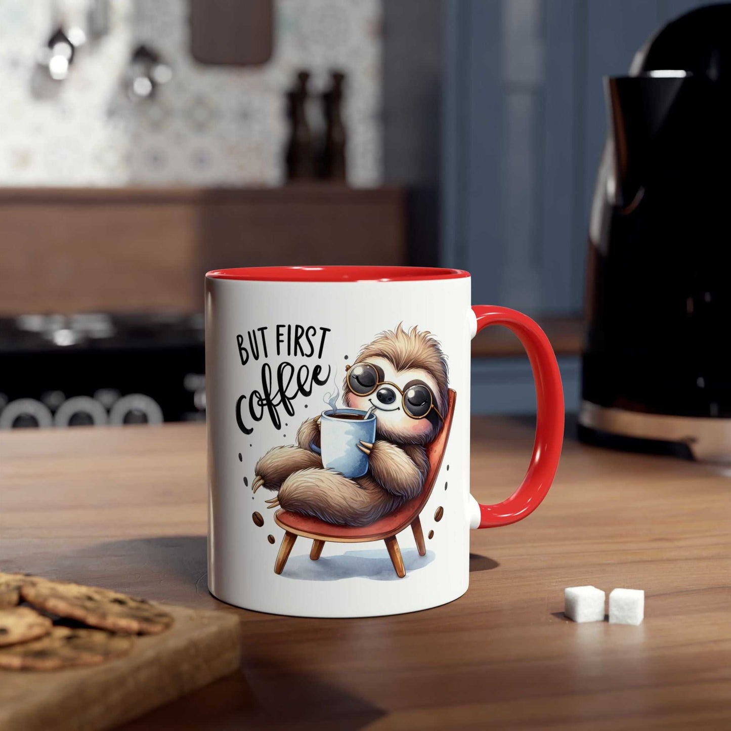 Cute sloth coffee mug with cheerful design, ideal for animal lovers; features glossy finish and available in seven colors.